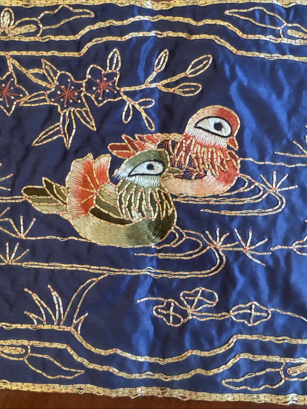 Chinese Golden Cloud Hand Embroidered Blue & Gold Silk Table Mat Ducks 9”x16”