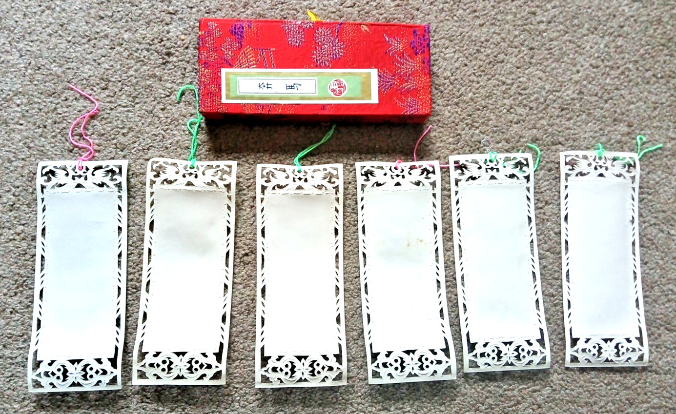 6 VTG CHINESE PAPER BOOKMARKS CUTOUTS HORSES NOS OPENWORK ORIGINAL FABRIC BOX