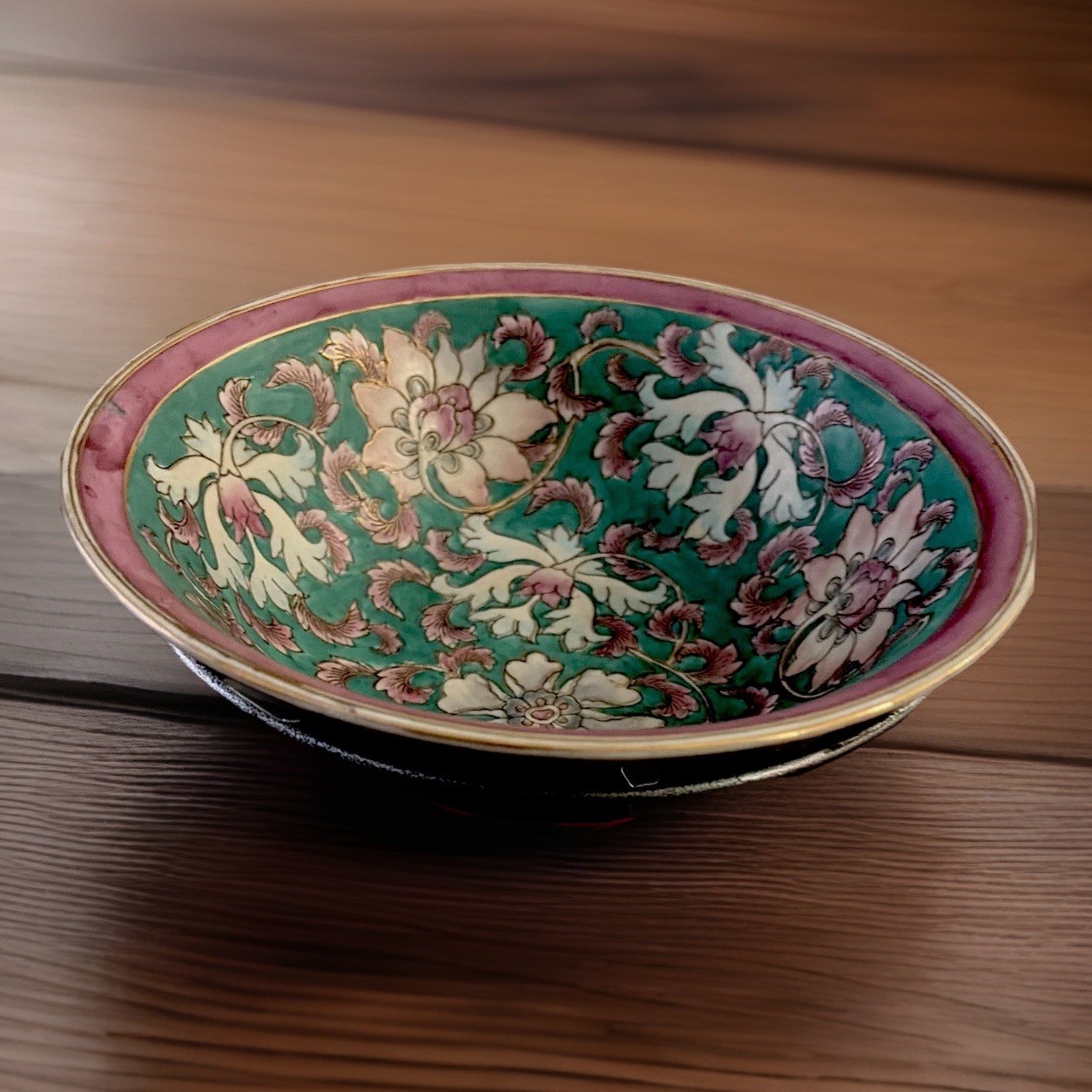 Vtg Chinese Enamel Cloisonné Bowl & Stand Made In Macau Green Mauve White Gold
