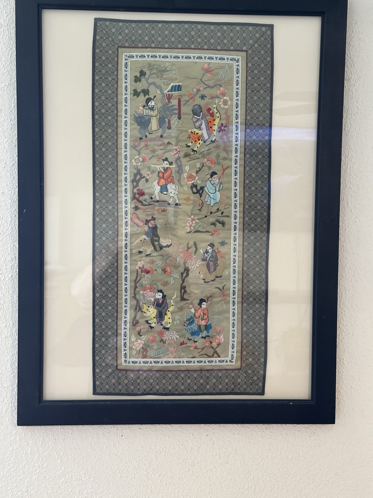 Chinese hand embroidered silk Art Piece Framed. The Actual Piece 27 X 13”