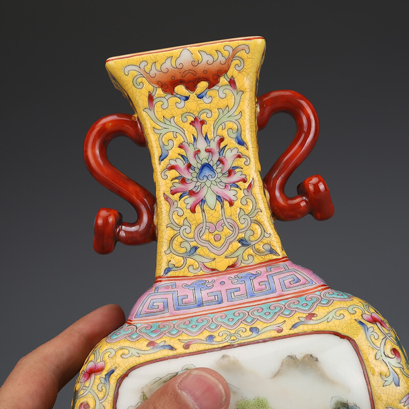 8.8″ China Colour Enamels Porcelain Yellow Glaze Hill Water Scenery Two Ear Vase