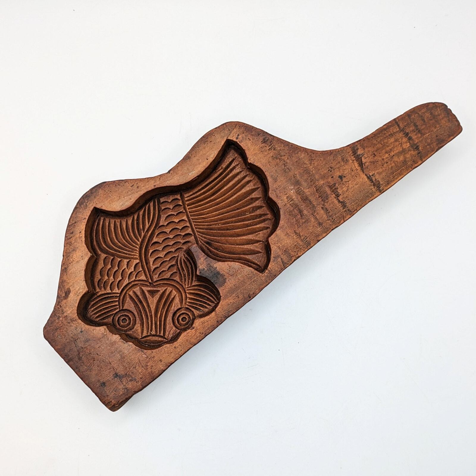 Vintage koi fish mooncake wooden mold hand carved 10 inches long