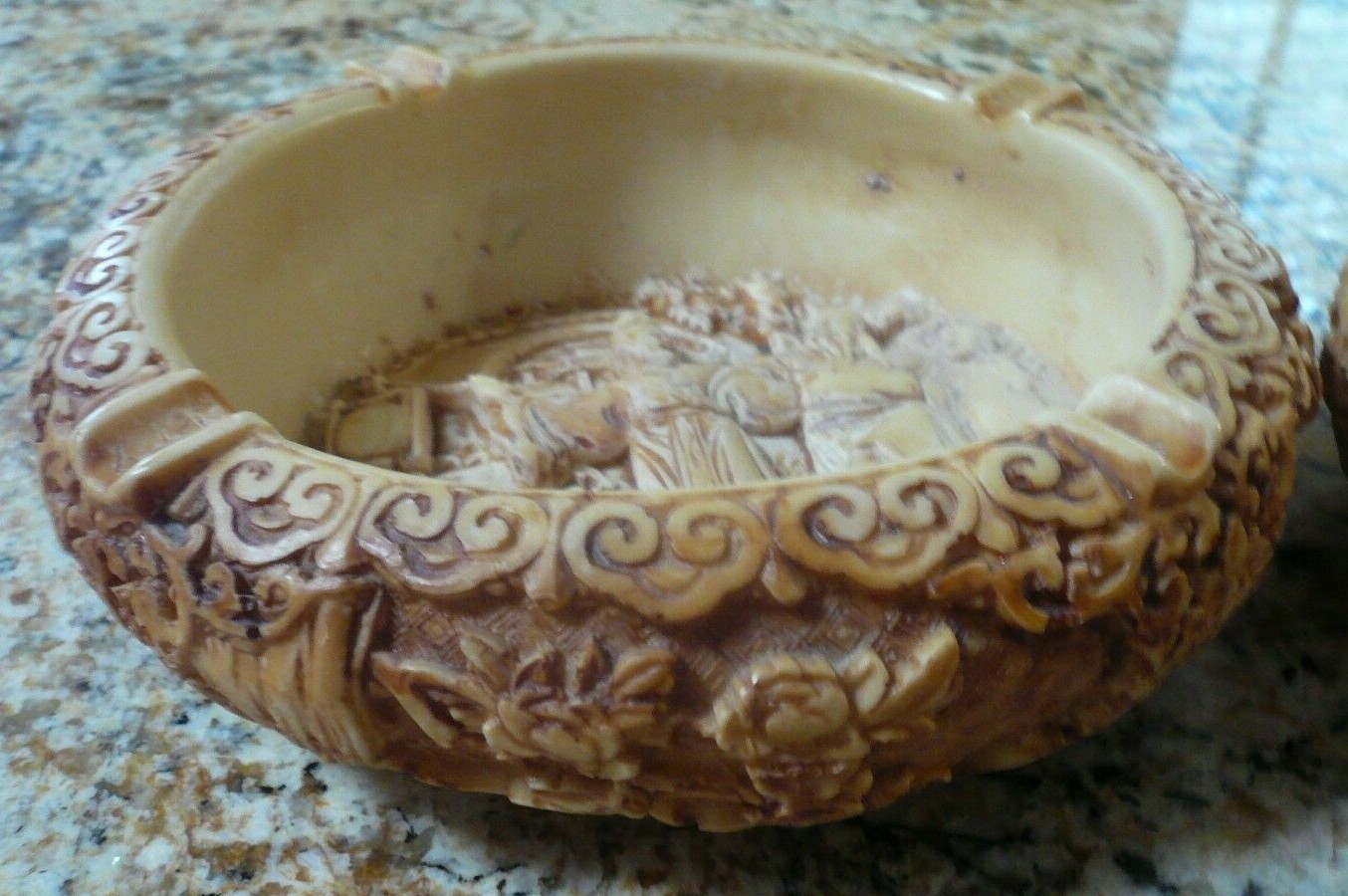 Vintage Chinese Pair of (2) Carved Resin Man Woman Figures Round Ashtrays 8″