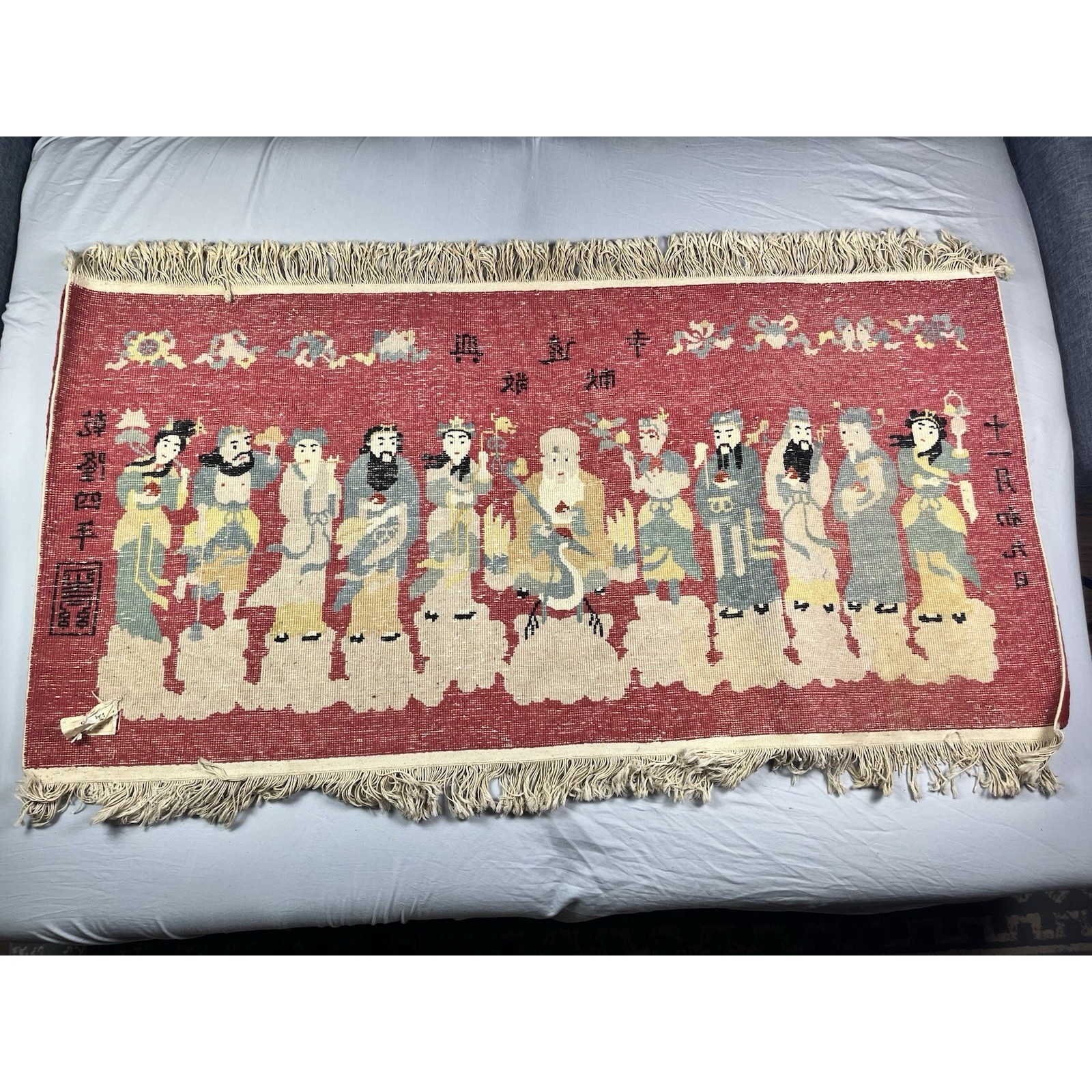 Authentic Chinese Wool Rug 10 Immortals Folklore Temple Antique 60.5″ X 36″ Vtg