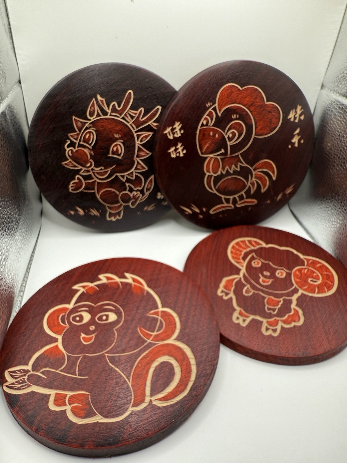 Set of 4 Chinese Wood Carved Circular Zodiac Signs — Hanging Plates