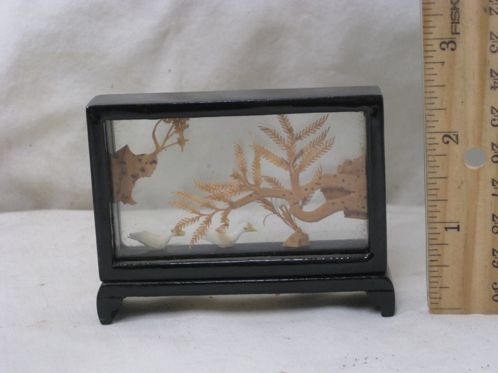 small vintage Chinese cork 2 birds nature scene Asian Oriental crane art
