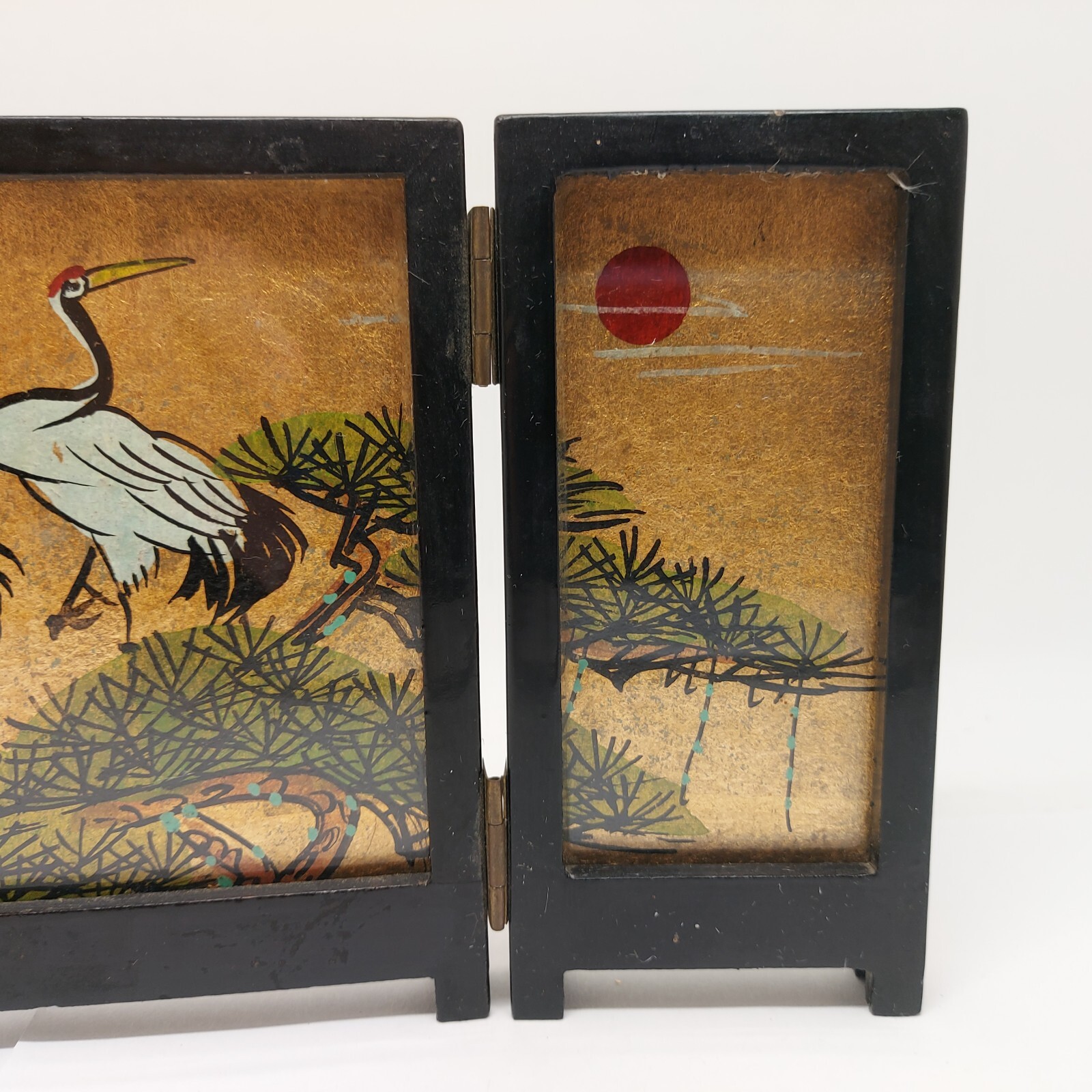 2 Vtg Small 3 Panel Table Top Screens Hand Painted Silk Cranes Birds Flowers