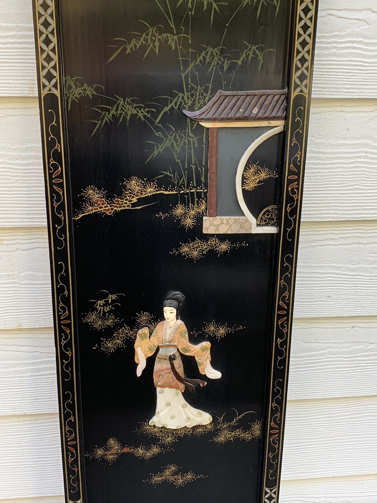 Vintage 1960’s Oriental Chinese Black Lacquer 3D Geisha Girls Wall Plaques