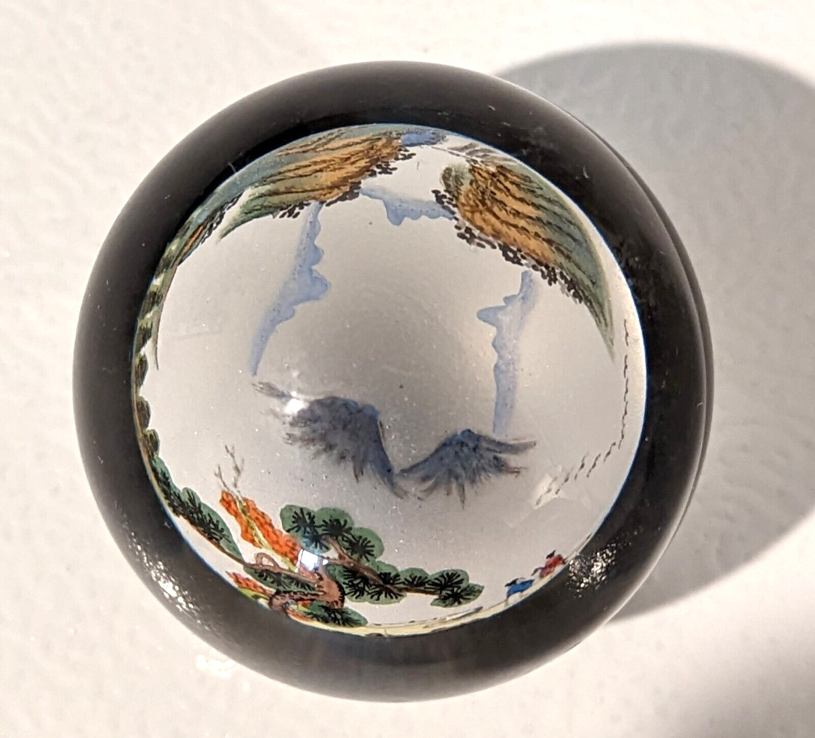 VTG Reverse Painted Glass Ball Sphere Paper Weight Oriental Mountain Scene