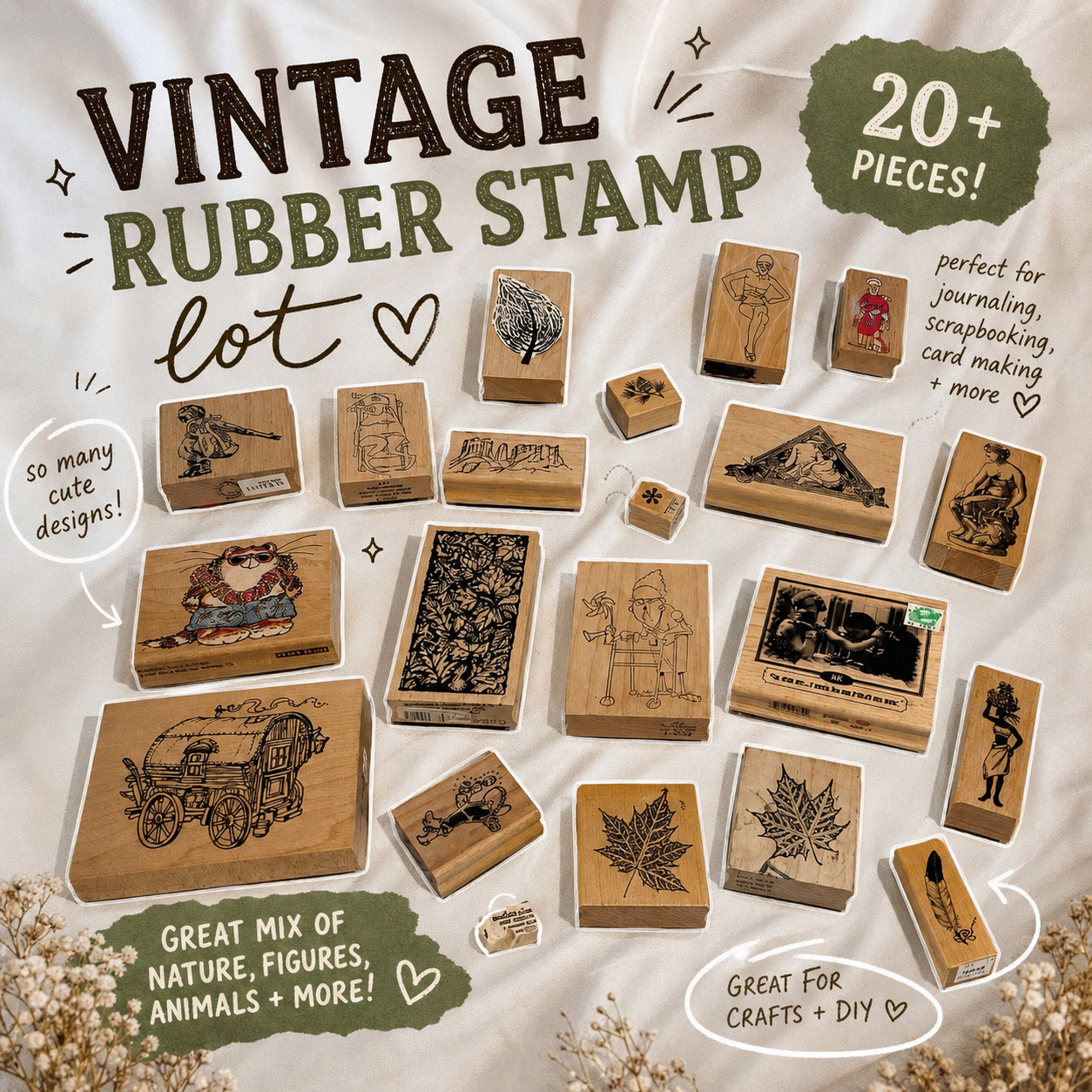 Vintage Wood Rubber Stamp Lot Mixed Designs Leaves Figures Craft Scrapbooking