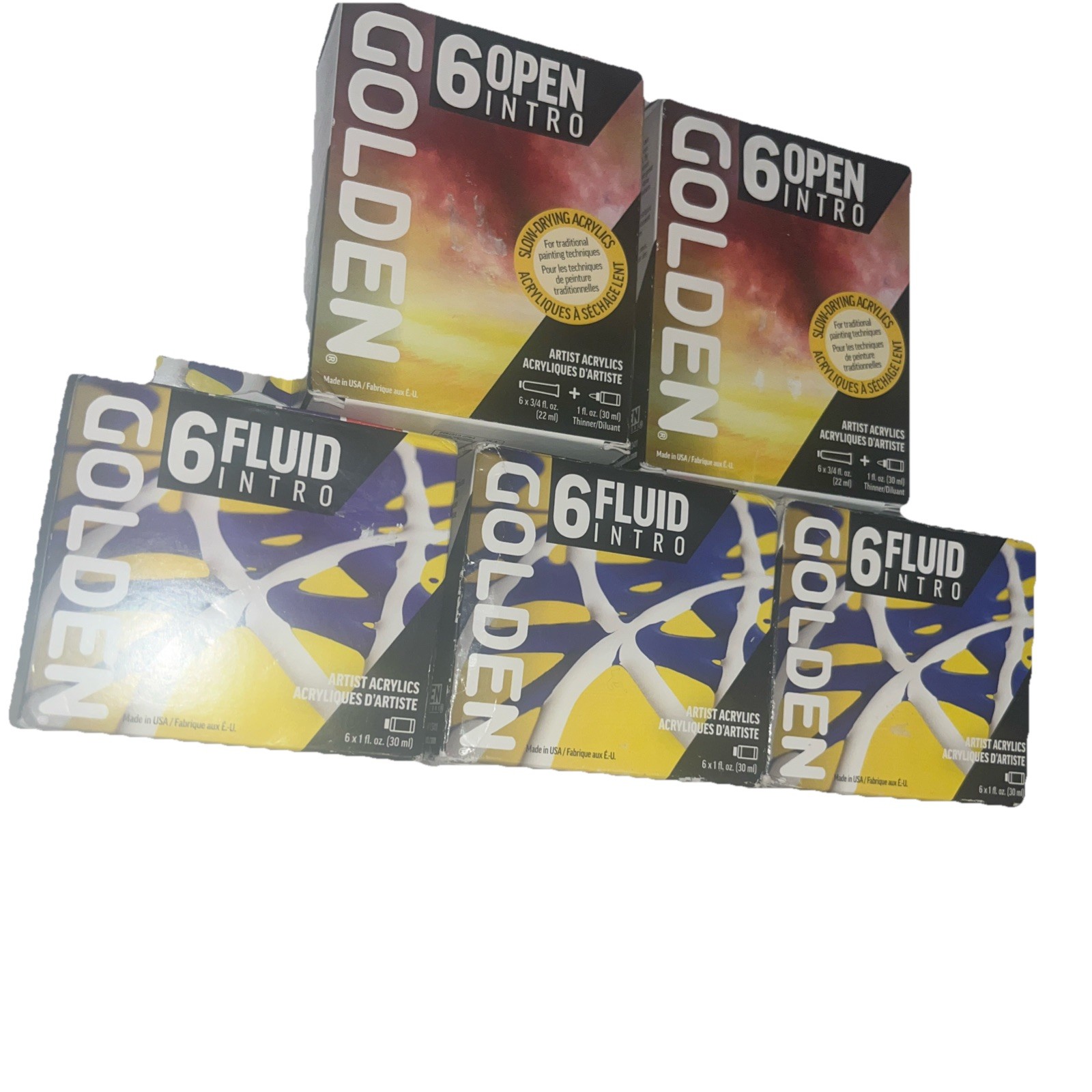 2x OPEN Intro & 3x FLUID intro Sets Professional Acrylic Paints 30x golden Art
