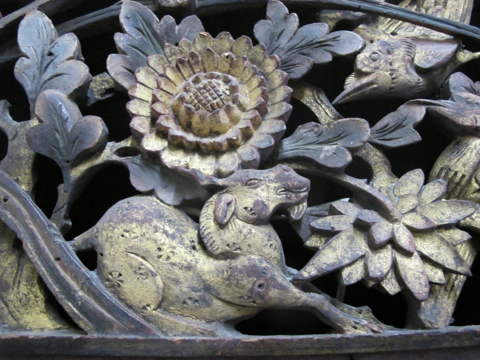 CHINESE Carved Pierced Gilt Wood GOAT Animal Flower & BIRD Art Wall Panel