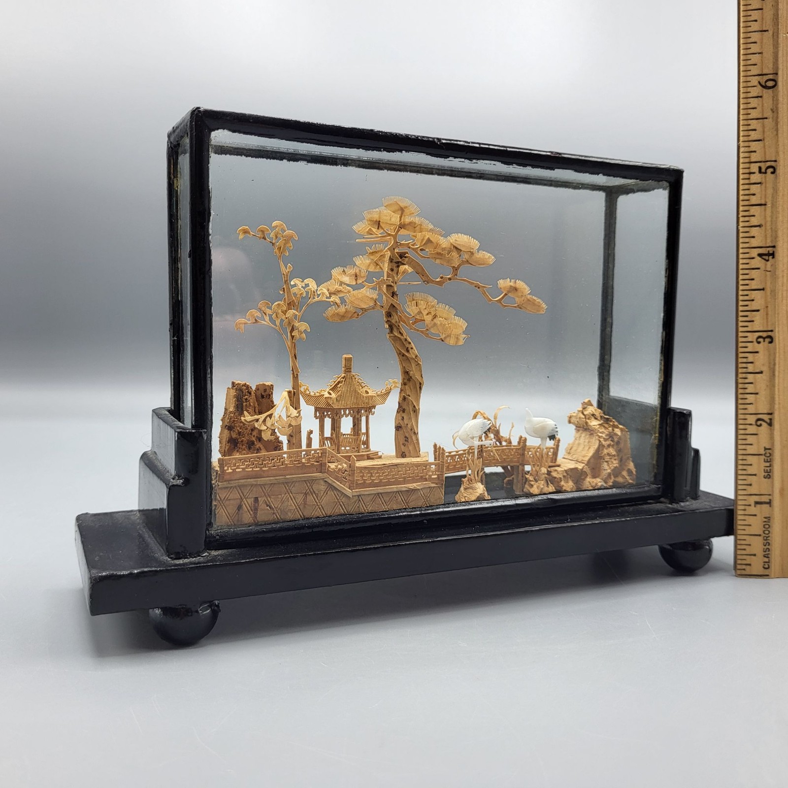 Vtg Chinese Hand Carved Cork Diorama Cranes Black Lacquer Art Stand 5″ x 7.75″