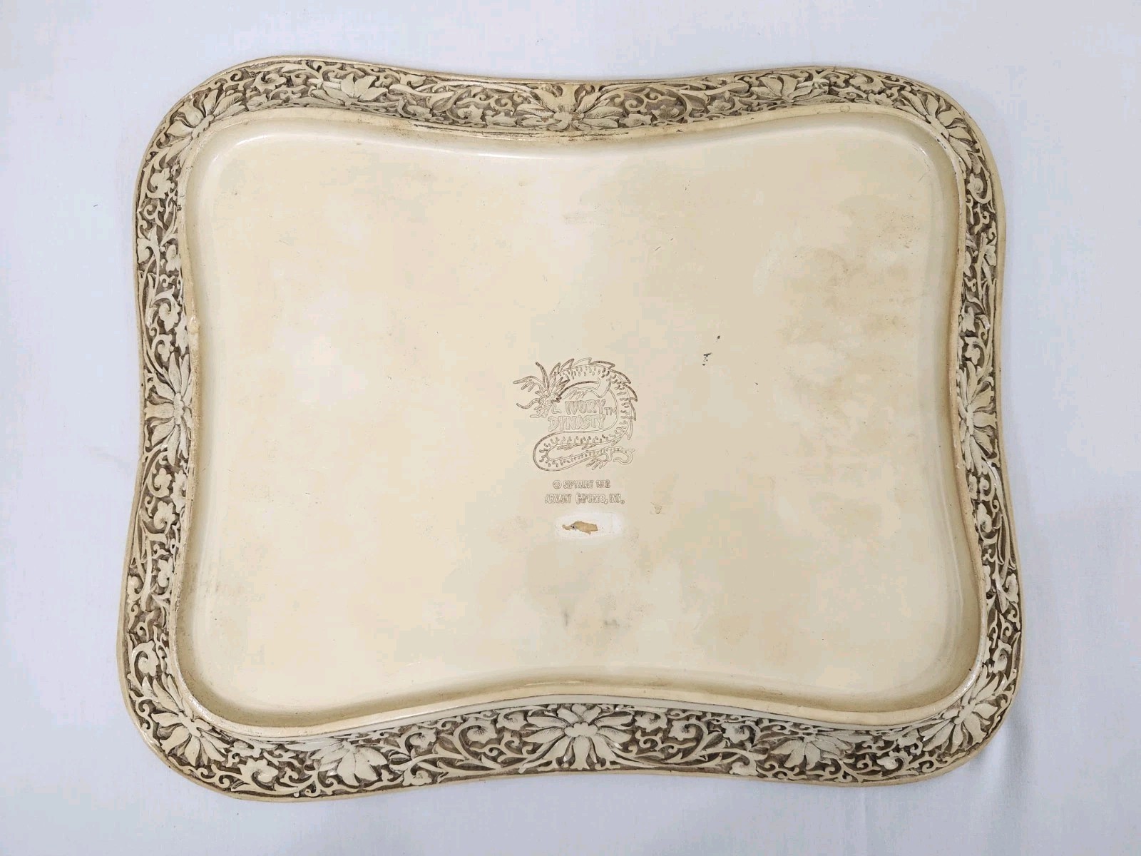 Vintage Asian Carved Look Resin Tray Landscape Figures Scene 14″ x 12″ Chinese
