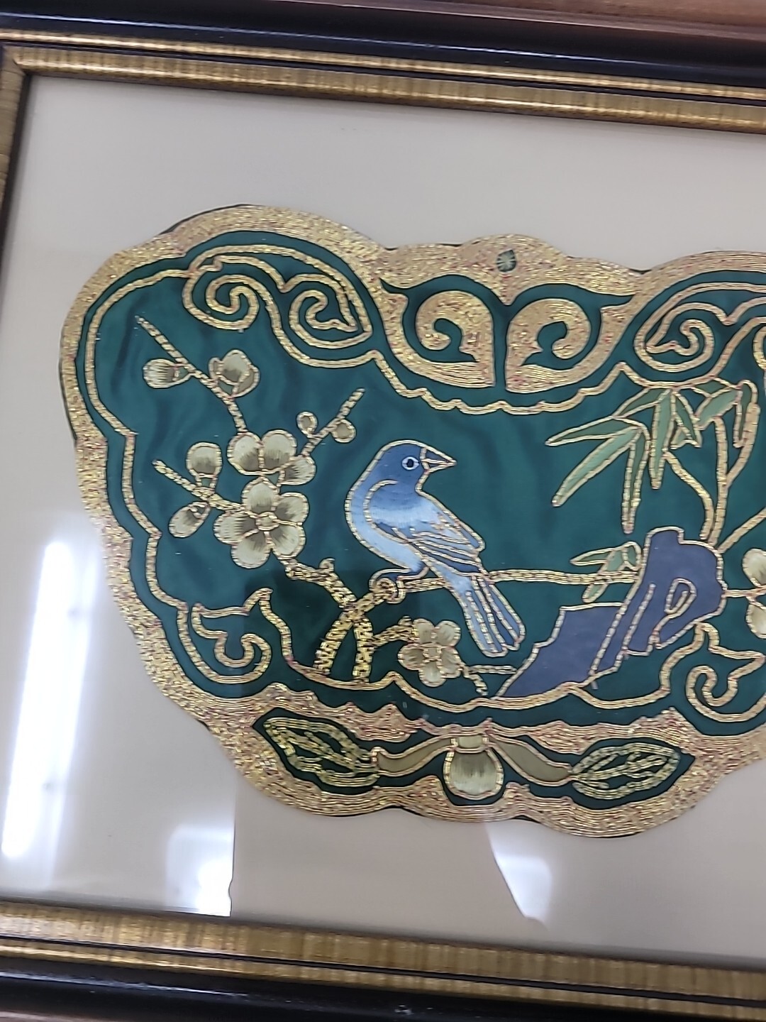Two Framed Vintage Golden Cloud Green Chinese Hand Embroidered Panel