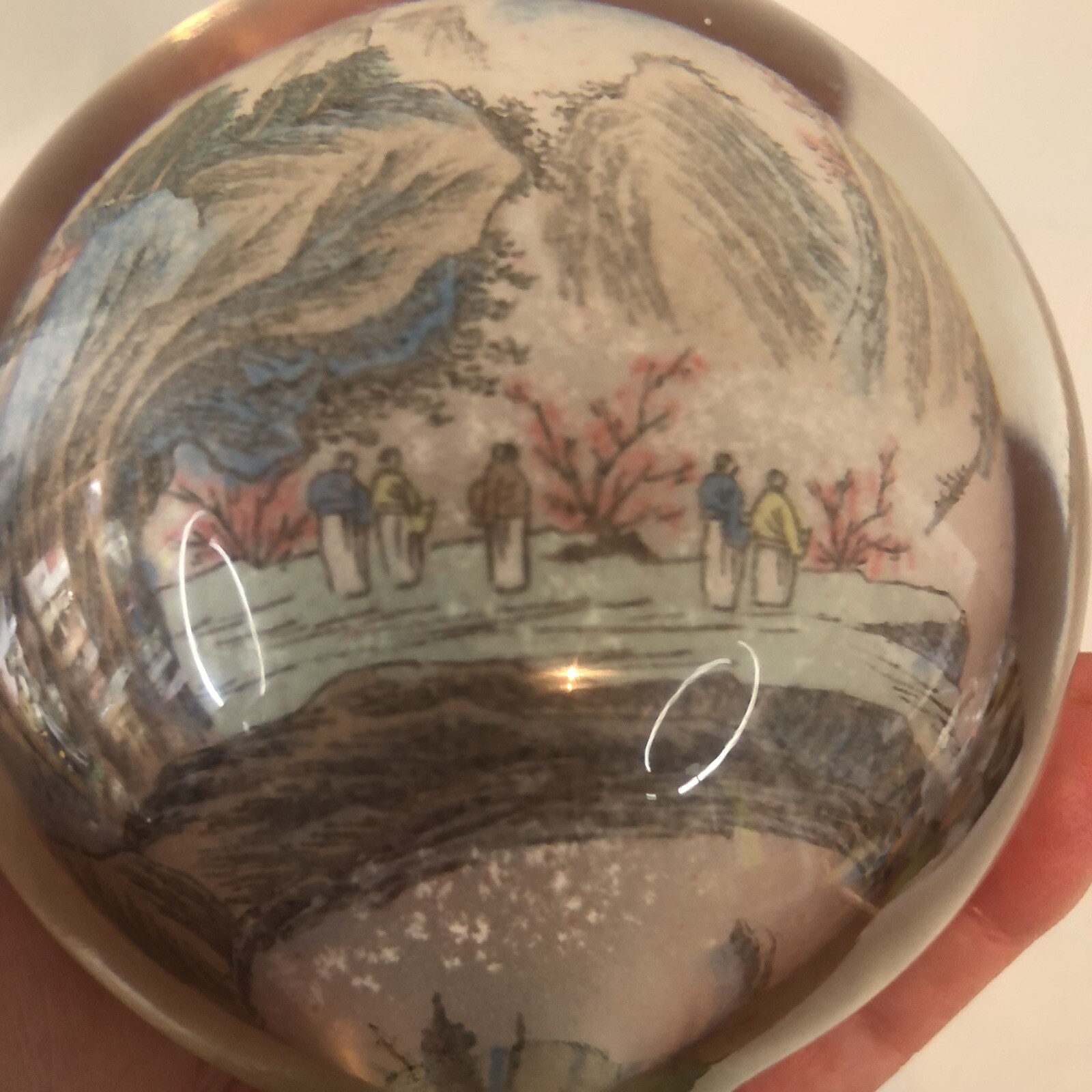 Vintage Chinese Reverse Painted Glass Ball Sphere paper weight Asian scene