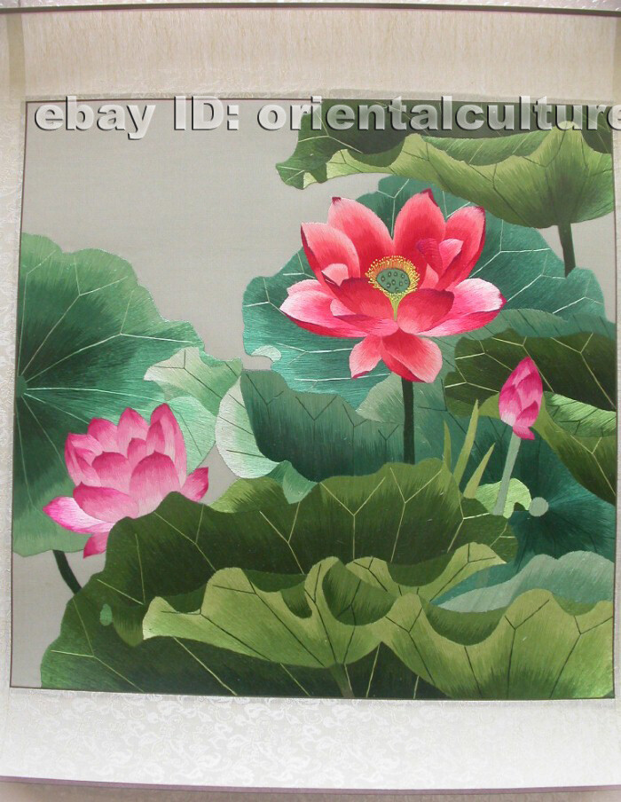 Chinese 100%hand embroidered silk brocade mounted suzhou embroidery:Lotus flower