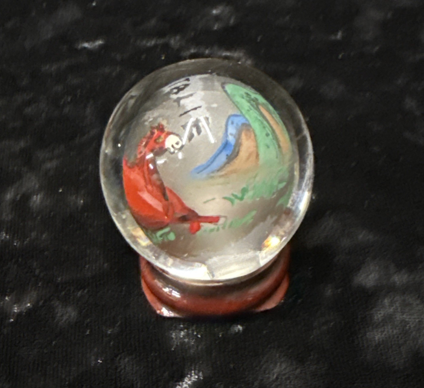 Chinese reverse painted Glass Ball Sphere Orb Horse w/Stand 1 3/4″ x 1 1/2″