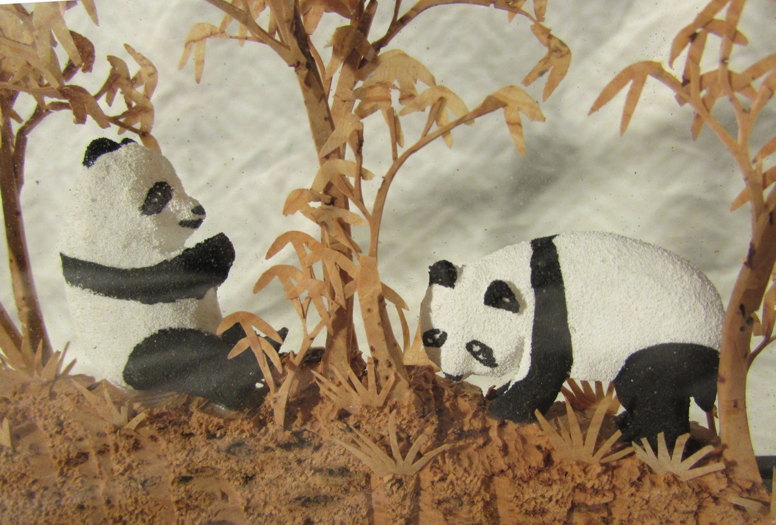 Vintage Chinese Panda Cork Diorama Arched Black Lacquered Shadow Box Case 1950s
