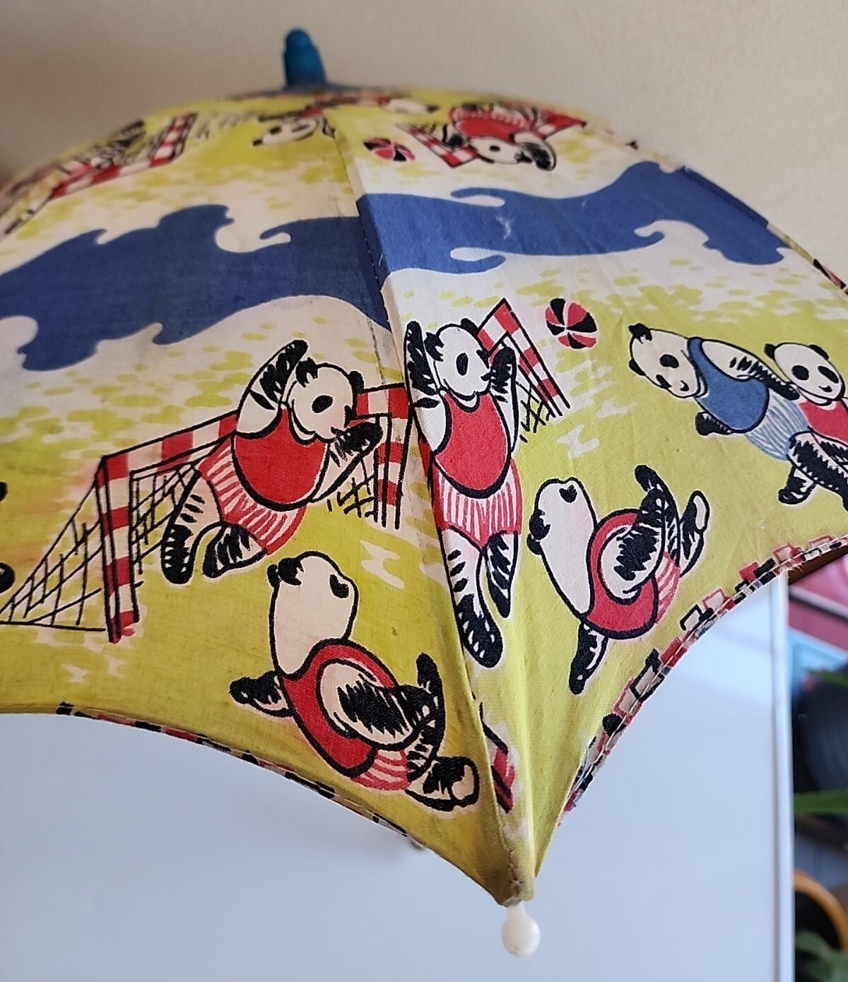 Vintage Chinese Childrens Umbrella Panda Bears Playing Soccer 17″ Long