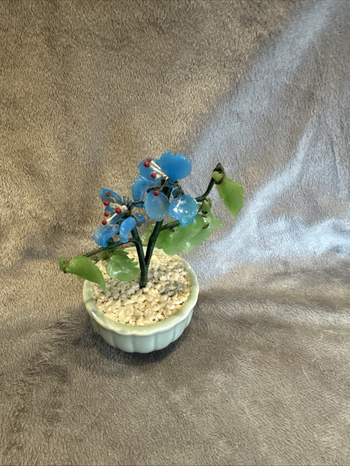 Small Jade Glass With Blue Flowers 4.5” Tall Celadon Pot Vintage