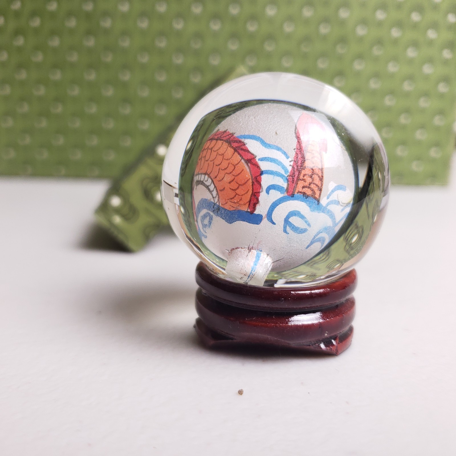 Vintage Reverse Painted Glass Dragon Globe Miniature Art Sphere With Stand Box