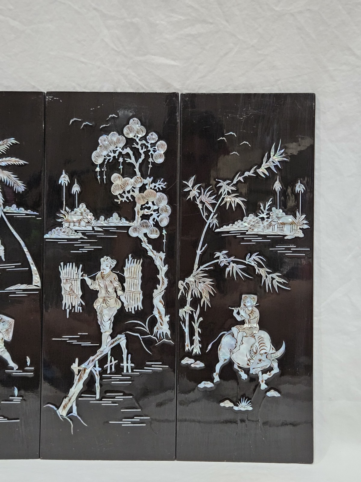 Vintage Asian Black Lacquer Mother of Pearl Inlay Wall Panels Set of 4