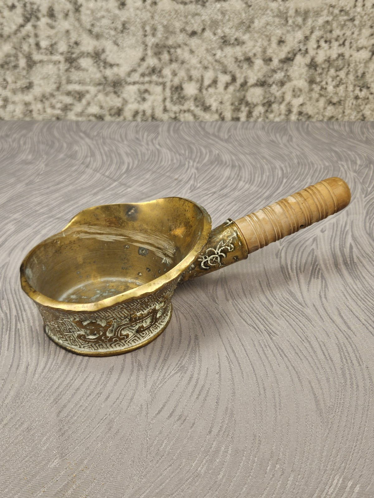 Vintage Chinese Brass Silk Iron w/ Wooden Hand Handle