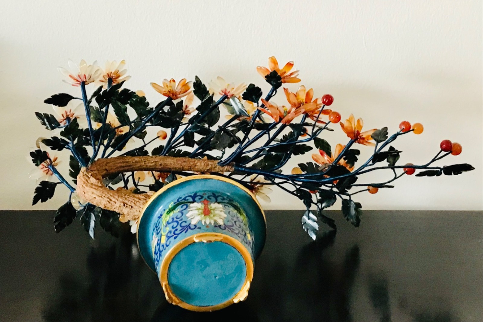 Chinese Jade Bonsai Tree in Cloisonne Pot – 15″ Inches Wide