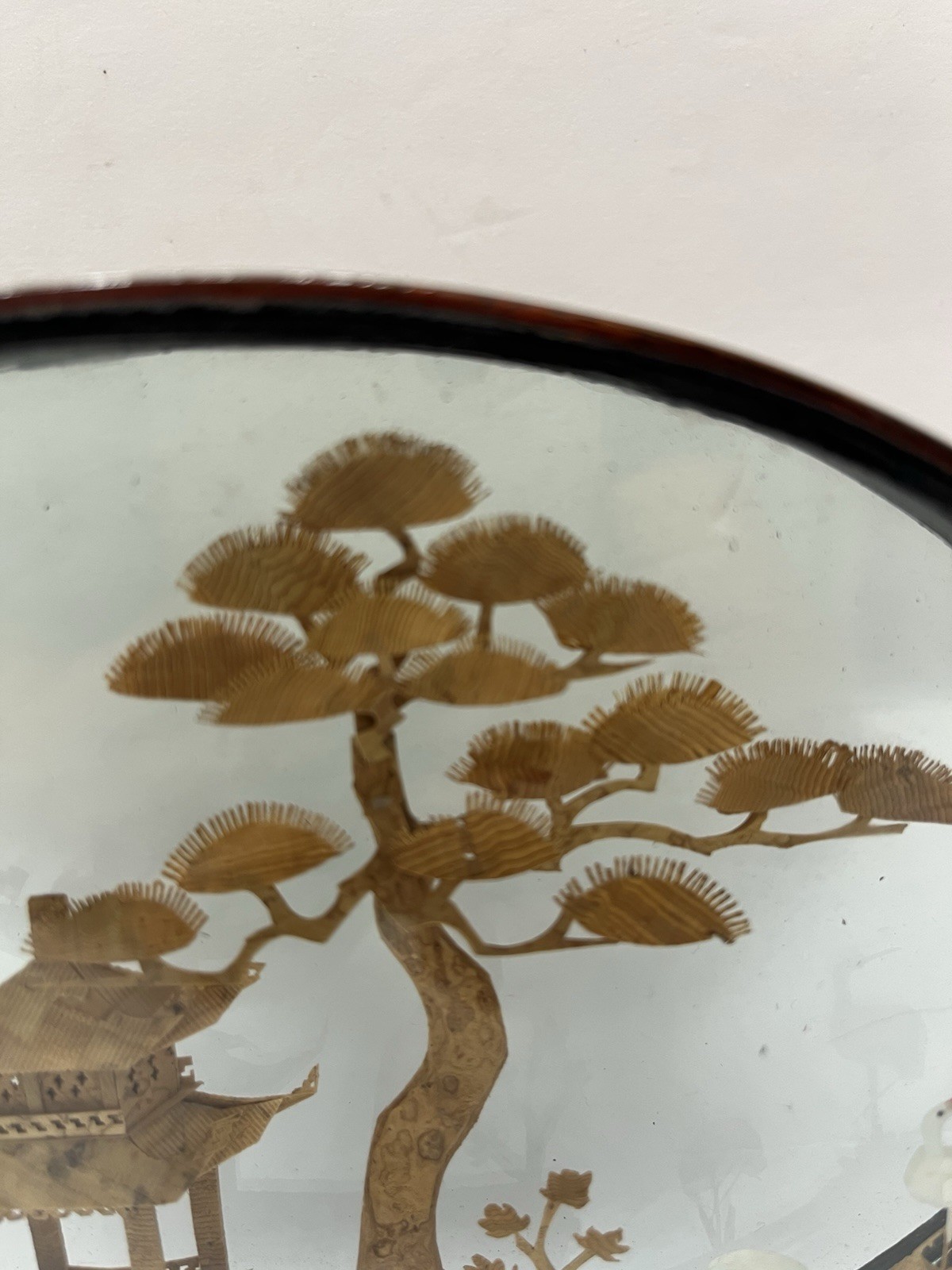 Vintage Chinese Hand Carved 3D Cork Diorama Framed Trees Pagoda Silk Crane 8×8”