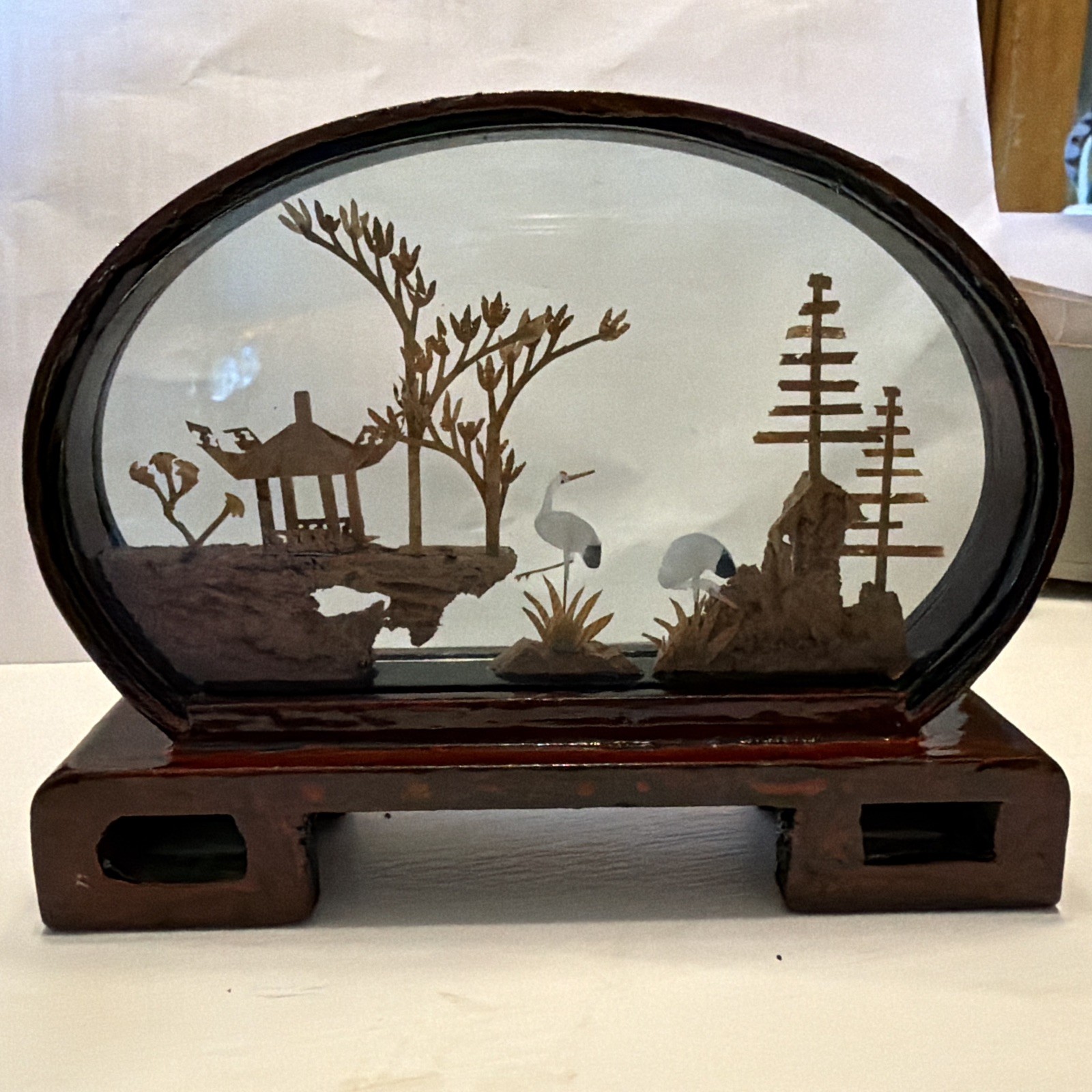 Carved Cork Diorama Asian Oriental 3D Art Miniature Cranes Vintage 6”x4.5”x1.5”