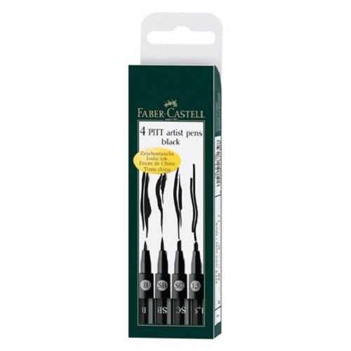 Faber Castell Pitt Artist Pens, Black India Ink, 4 Piece, Bold Points, 167139T