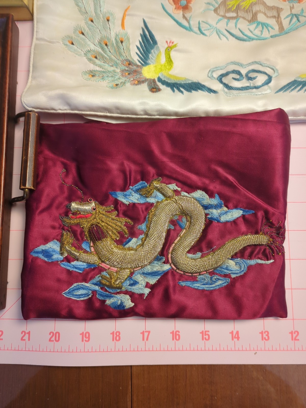 Antique Tray, Silk & Gold Thread Dragon, Framed Silk Panel