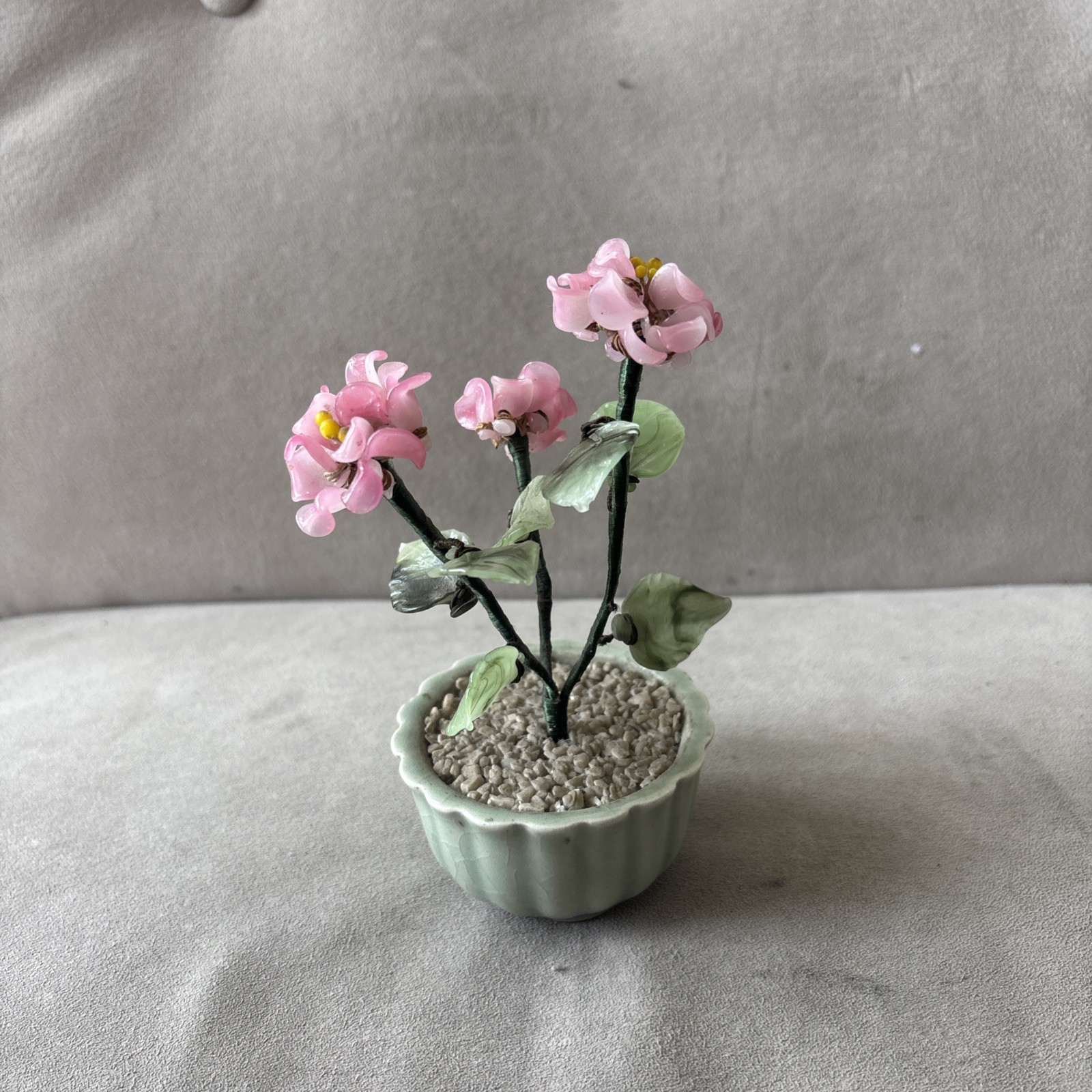 Vintage Chinese Bonsai Tree Jade Glass Leaves Pink Flowers in Green Celadon Pot