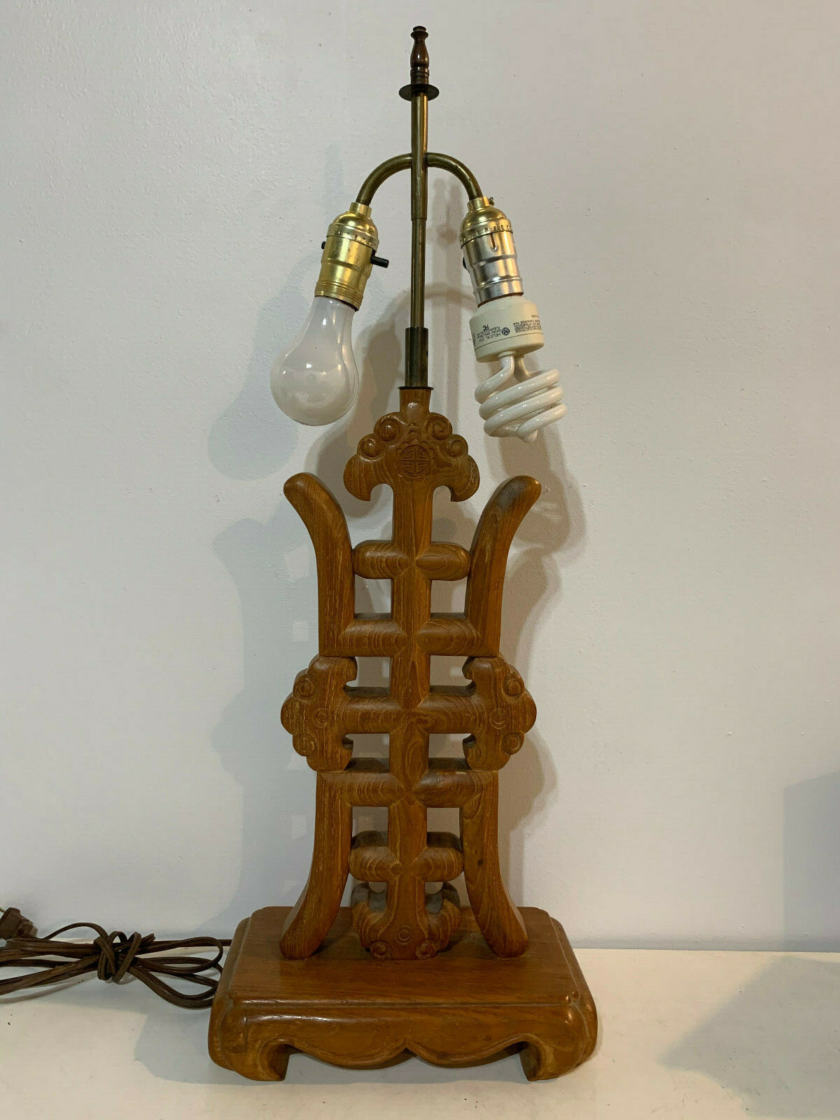 Vintage Chinese Shou Character Symbol Wood Carved Table Lamp