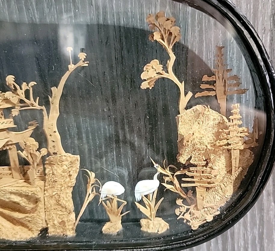 Vintage Chinese Diorama Cork Carving Glass Case Pagoda/Trees/Cranes 8″x6.5″x2″