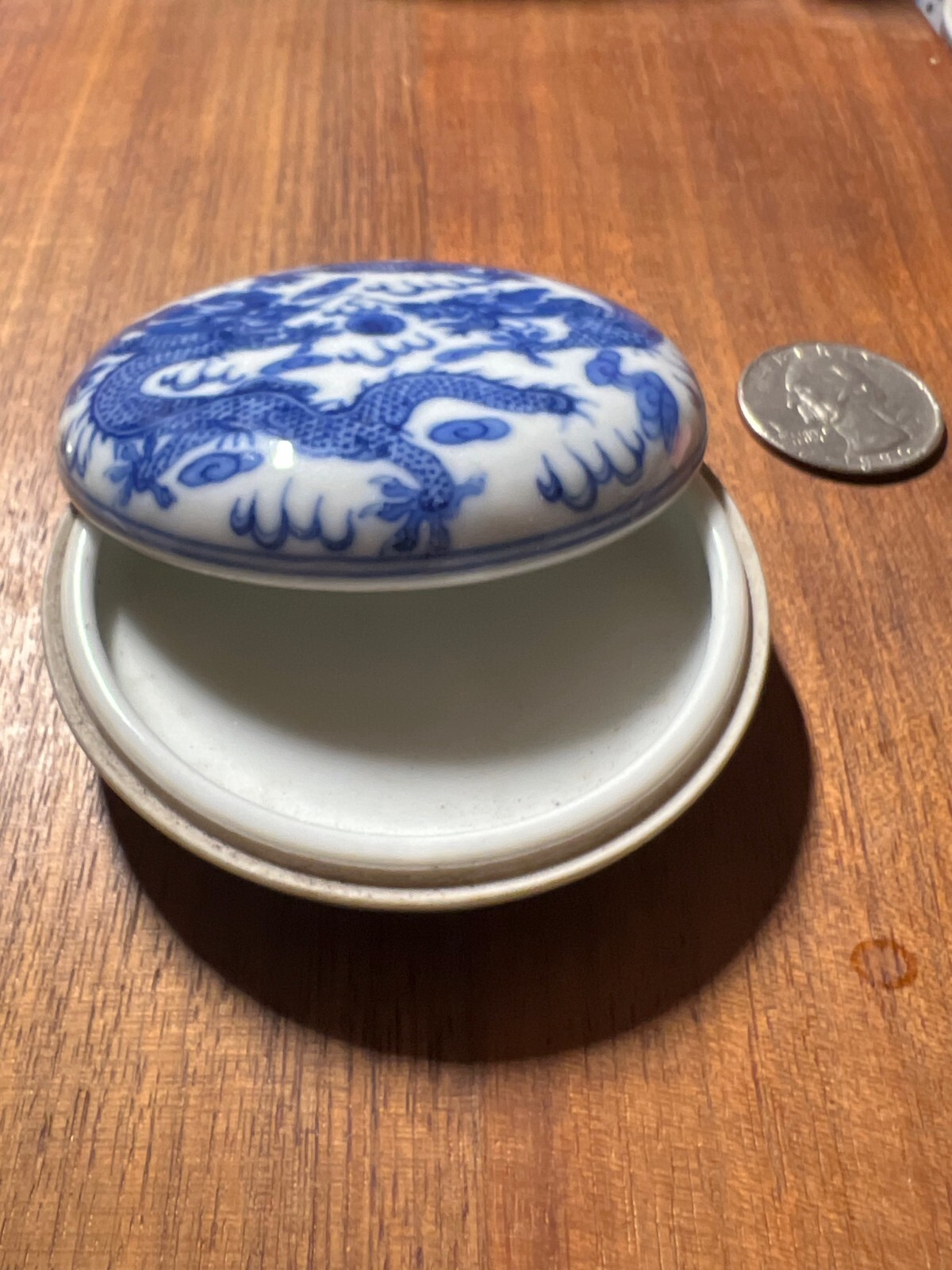 Chinese Blue & White Porcelain Seal Paste Box with Dragons & Pearl Qianlong Mark