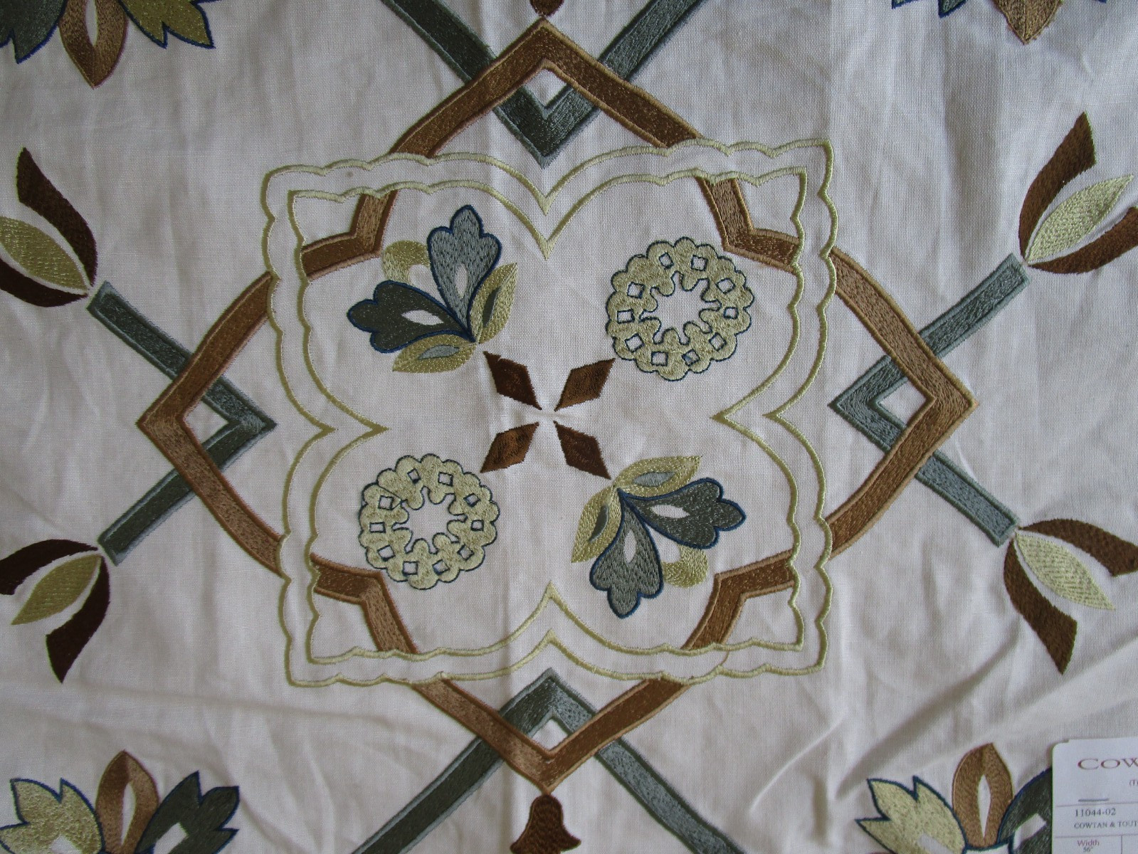Cowtan & Touts CASTELLO Celadon Toffee Linen Fabric Embroidery 26″x14″ medallion