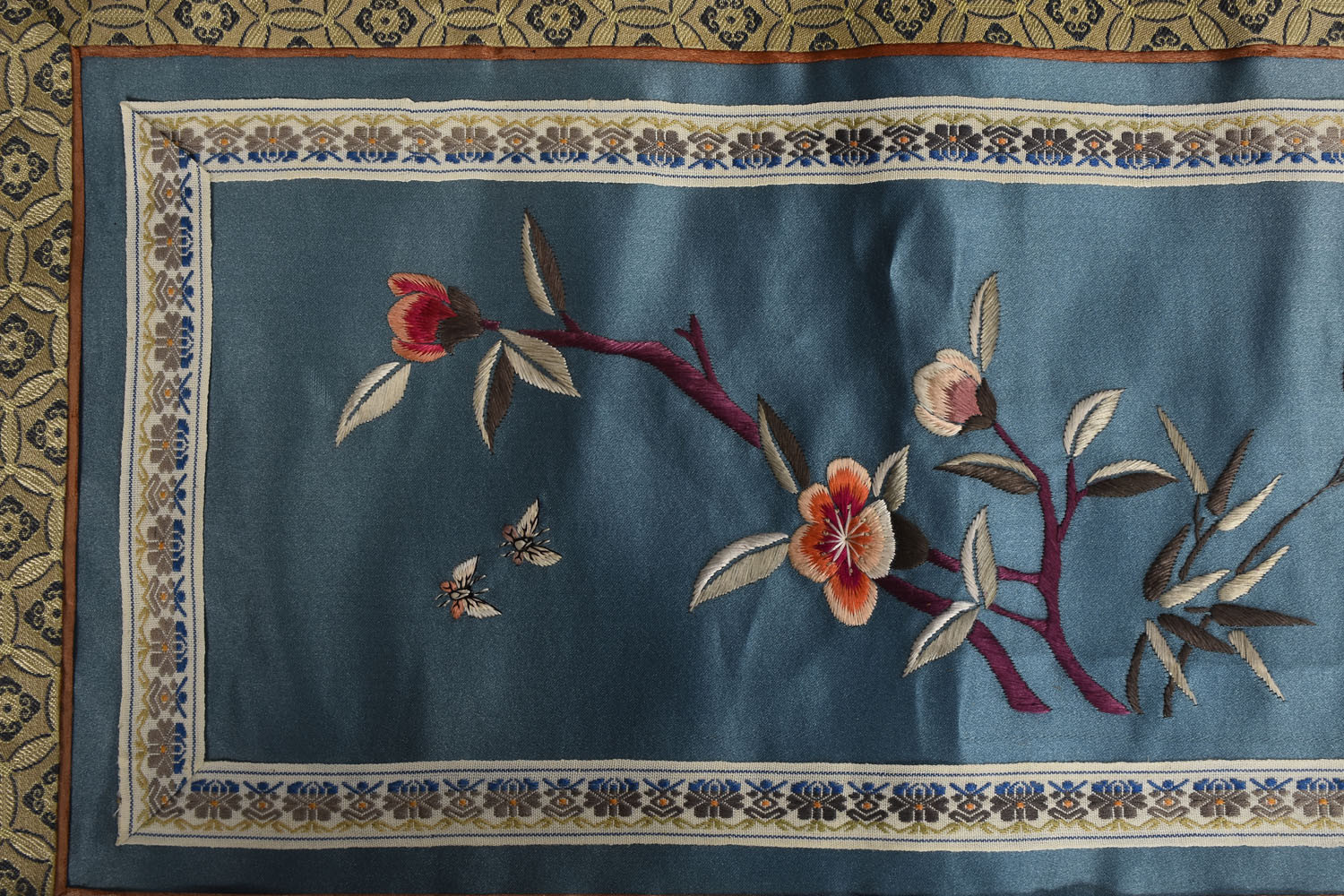 2 Old Chinese Floral Embroidered Silk Pieces w Brocade Borders 17×10 &10×11