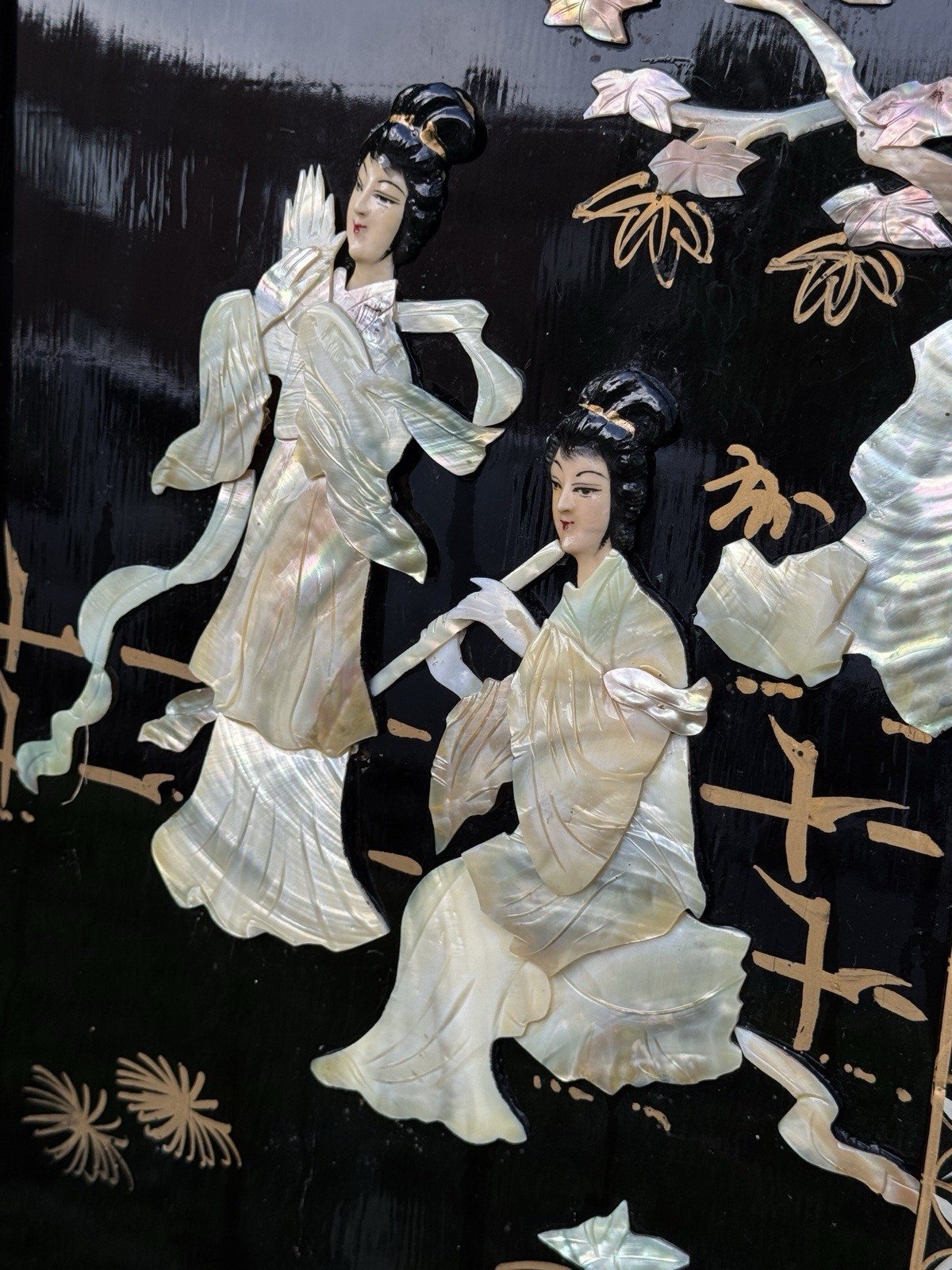 4 Vintage MCM Chinese Mother Of Pearl And Black Lacquer Panels 36 X 12