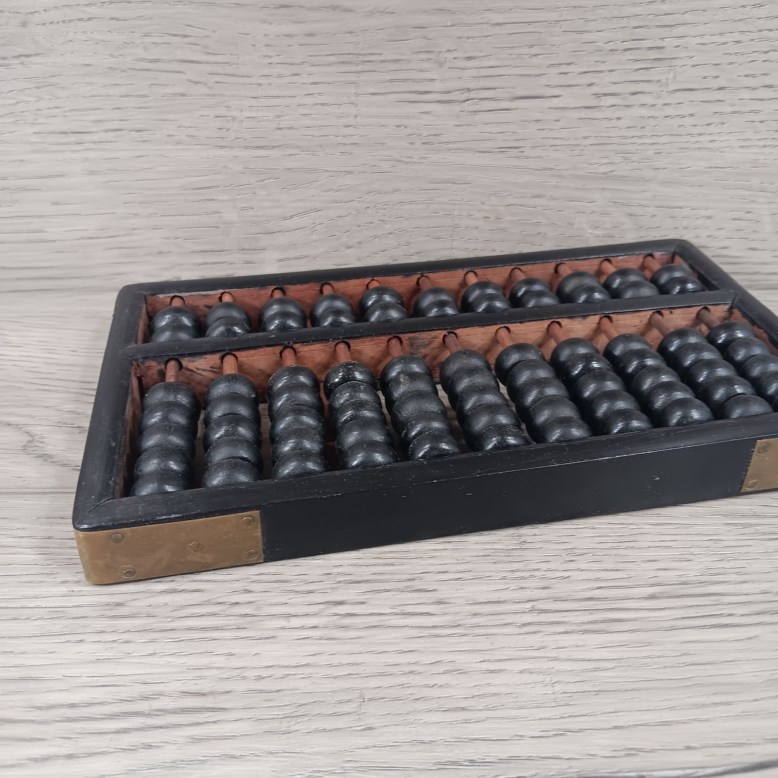 Vintage Chinese Abacus Lacquered Wood Brass 11 Rows 77 Beads Wang Hing 8.75″ x 5