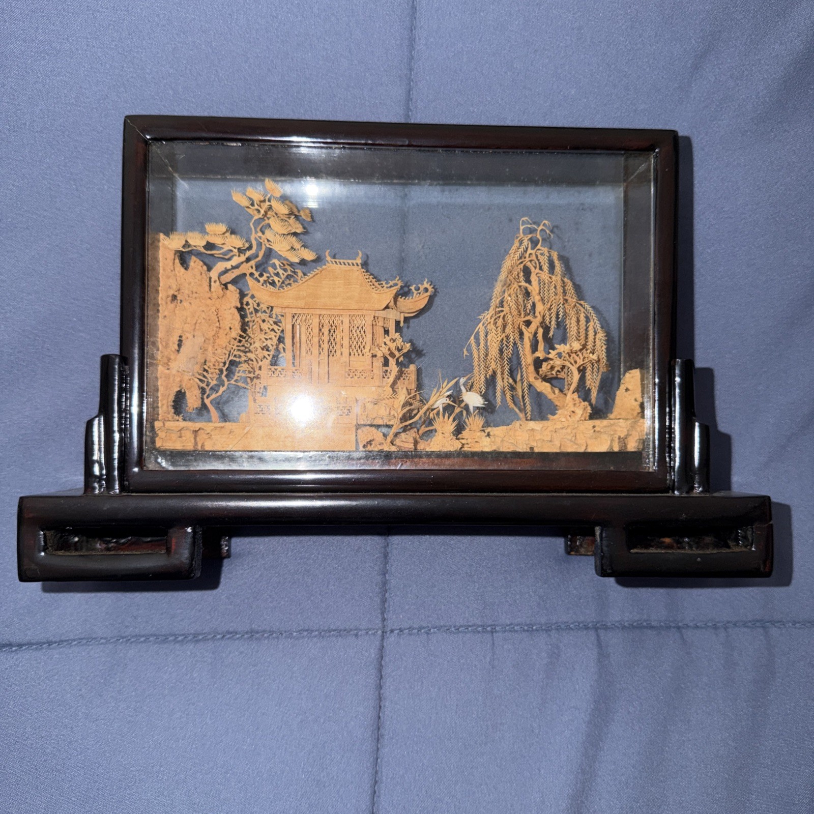 Vintage Chinese San You Cork Art Hand Carved Diorama Pagoda Cranes Trees