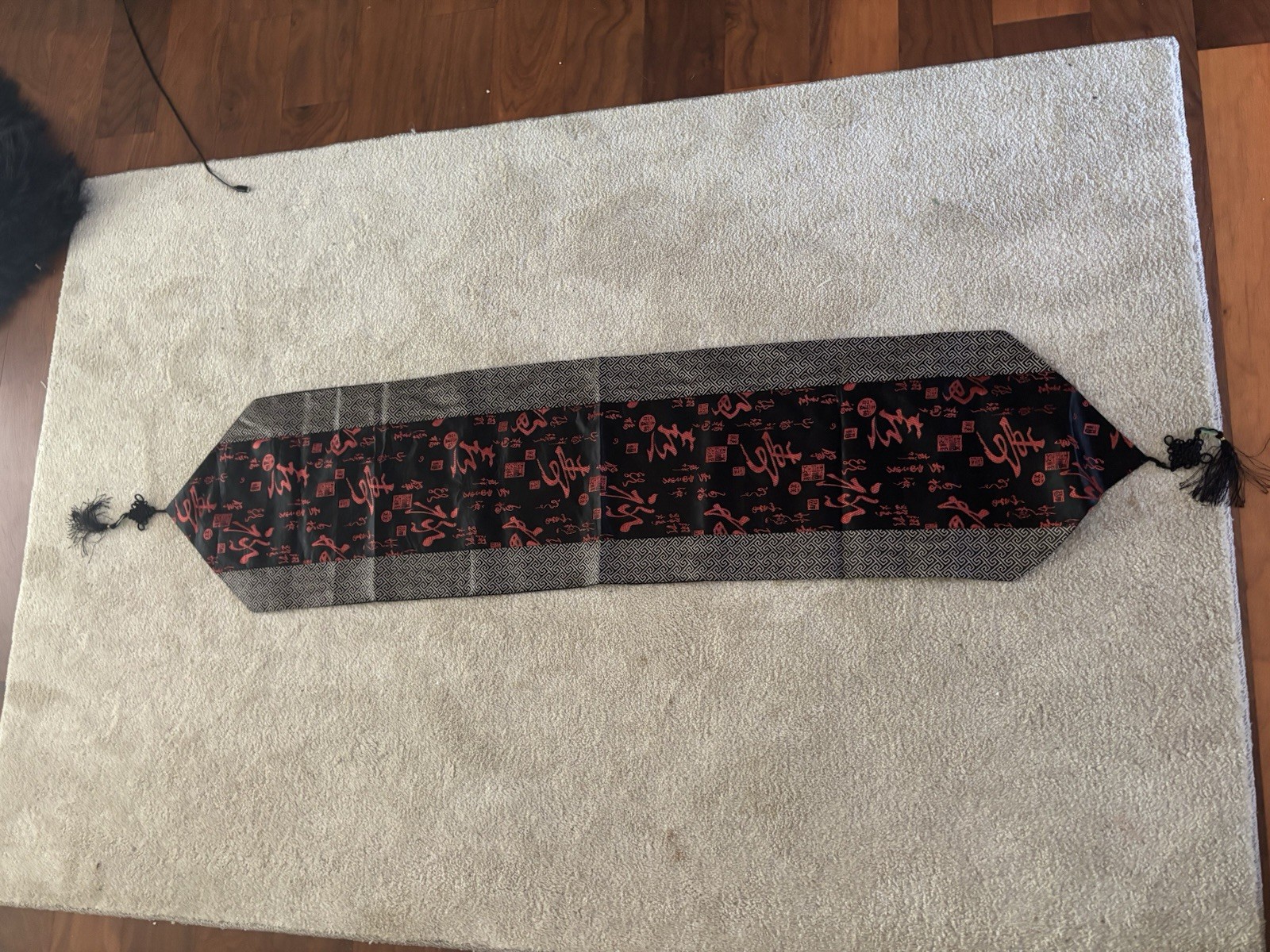 Black Red Chinese Silk Satin Brocade With Two Tassels Table Runner