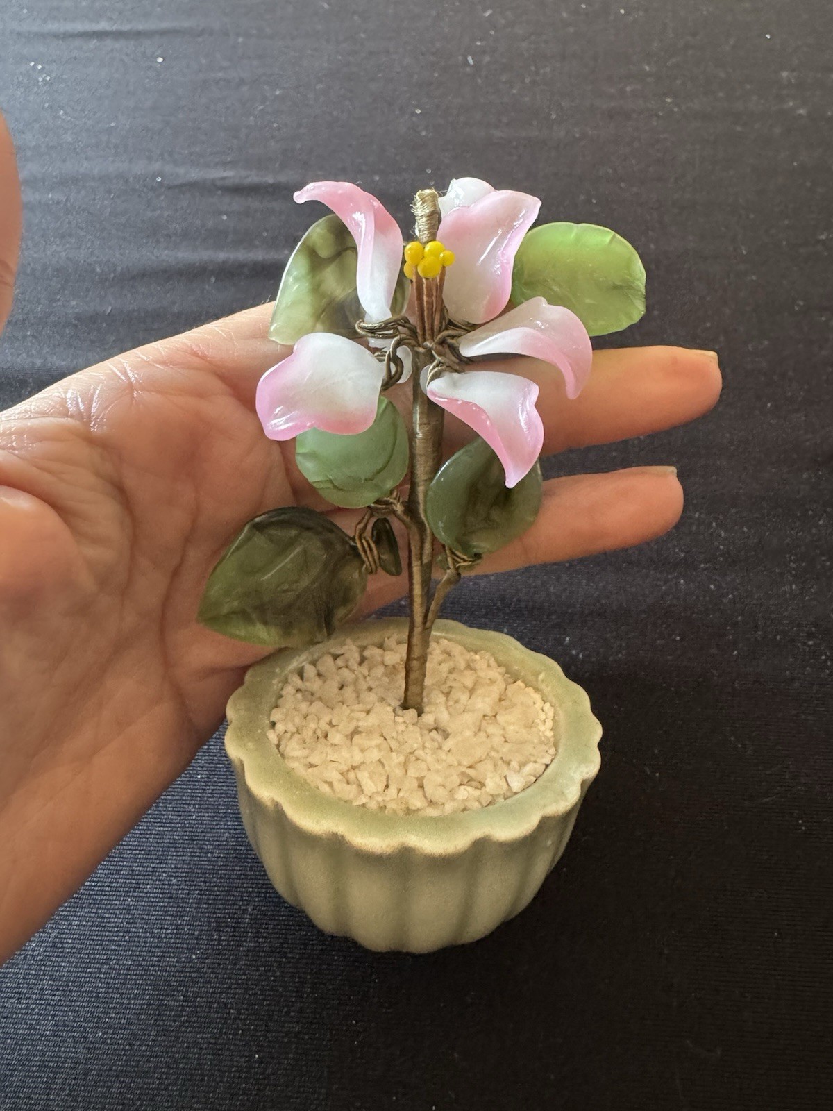 2 Vintage Asian Decor Small Jade Glass Pink Flower Bonsai Tree Celadon Pot