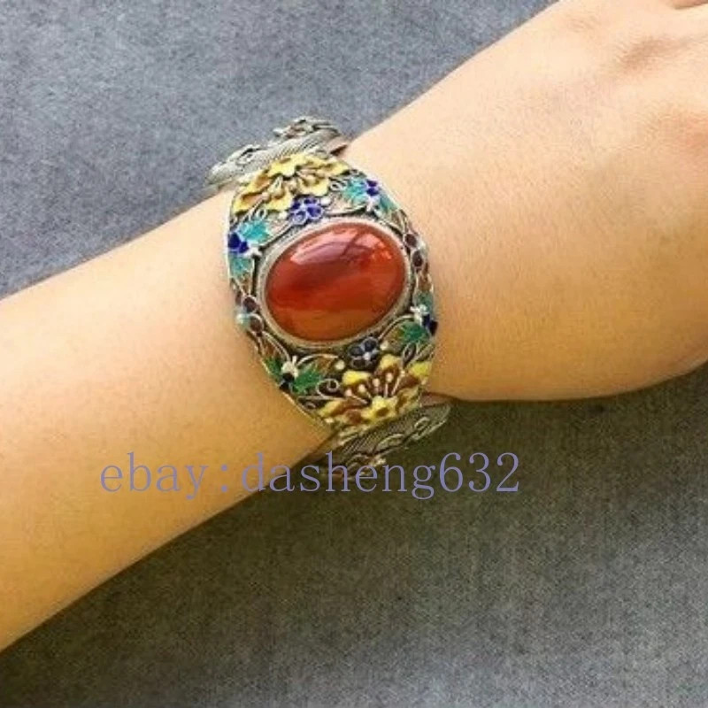 Vintage Filigree Enamel Red Stone Bangle Adjustable Open Bracelet Women Jewelry