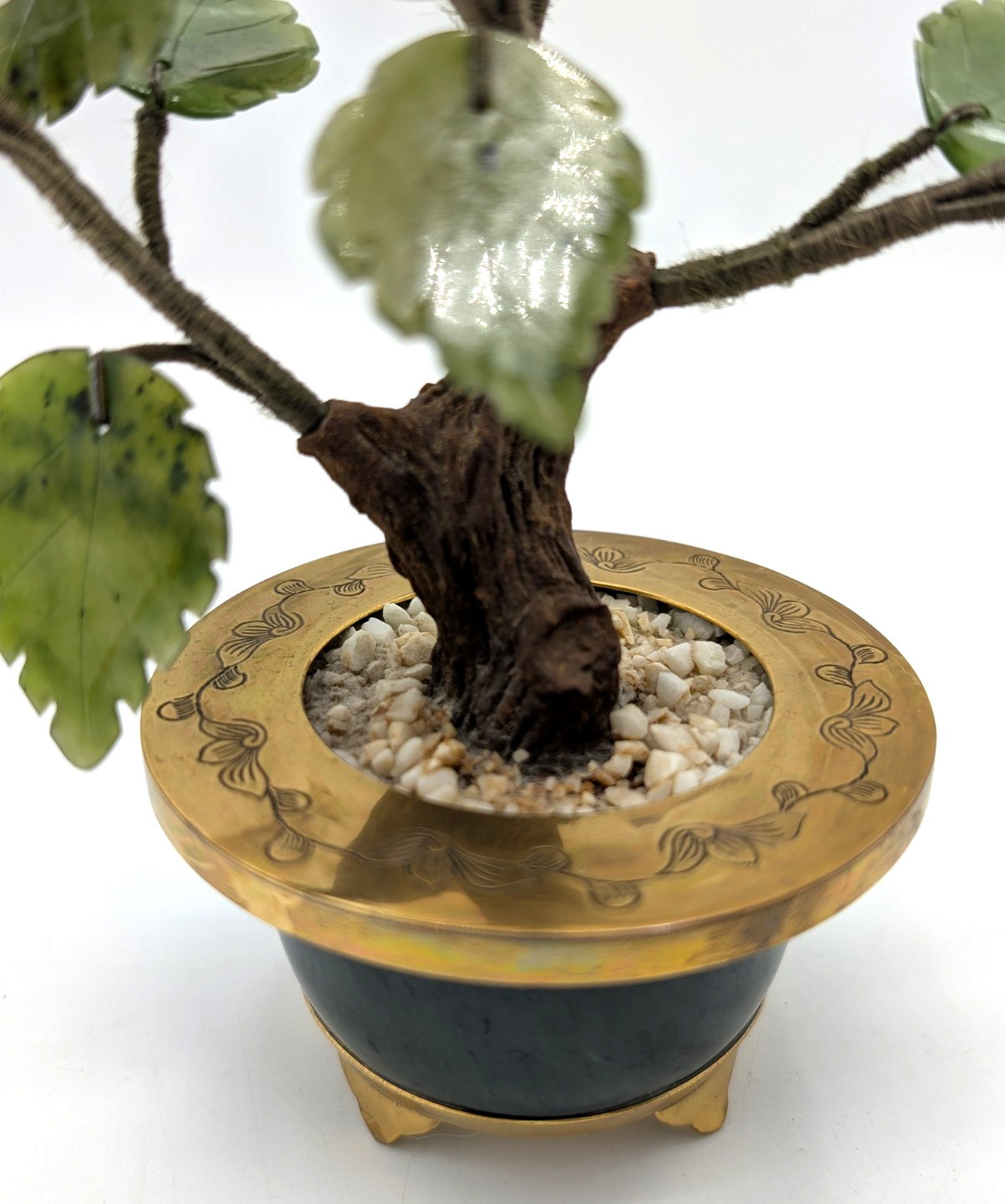 Bonsai Tree Sculpture 8 inch Semi Precious Stones Jade Brass Pot Hong Kong