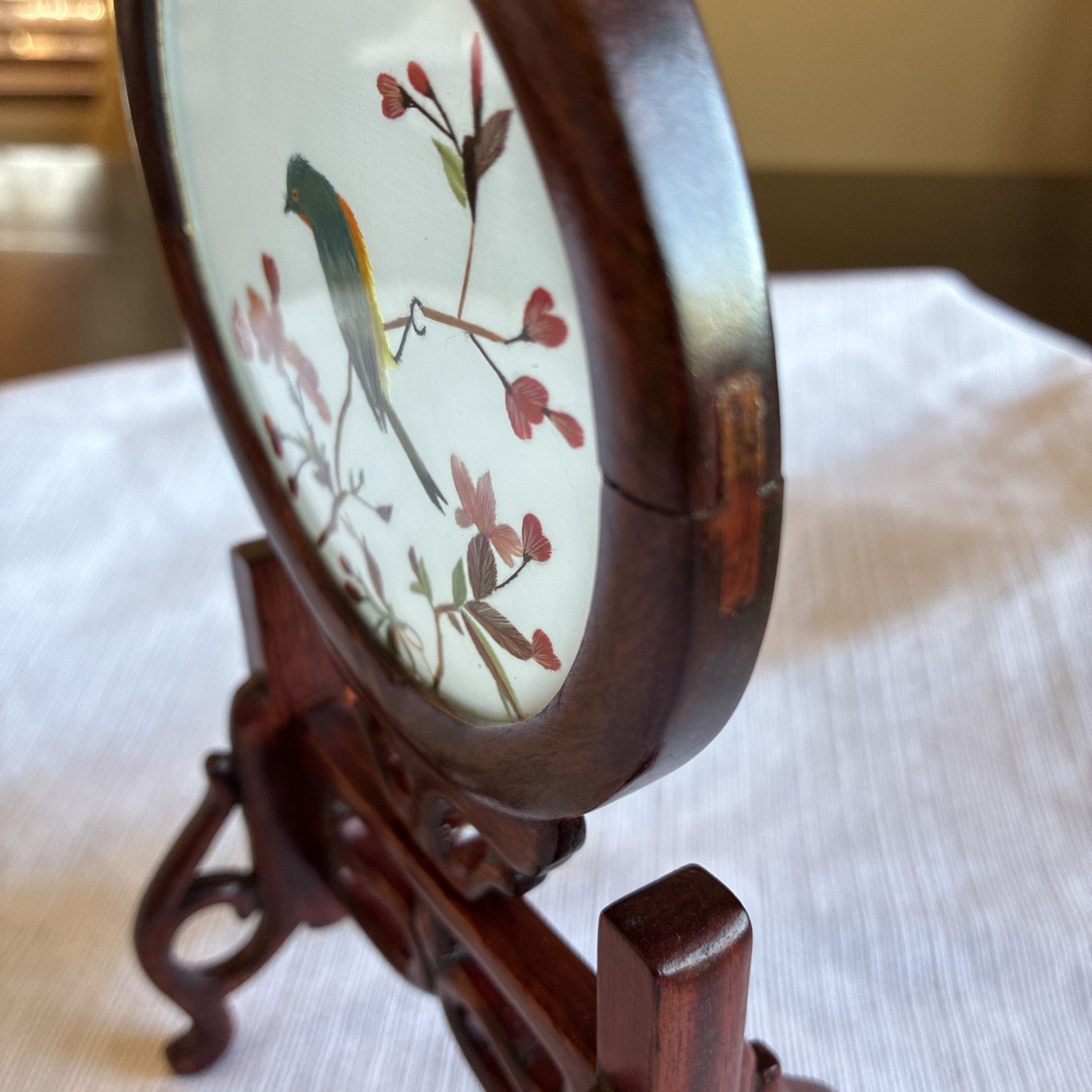 VNTG Chinese Silk Double Sided Embroidery Songbird Round Table Screen Wood/4.5”
