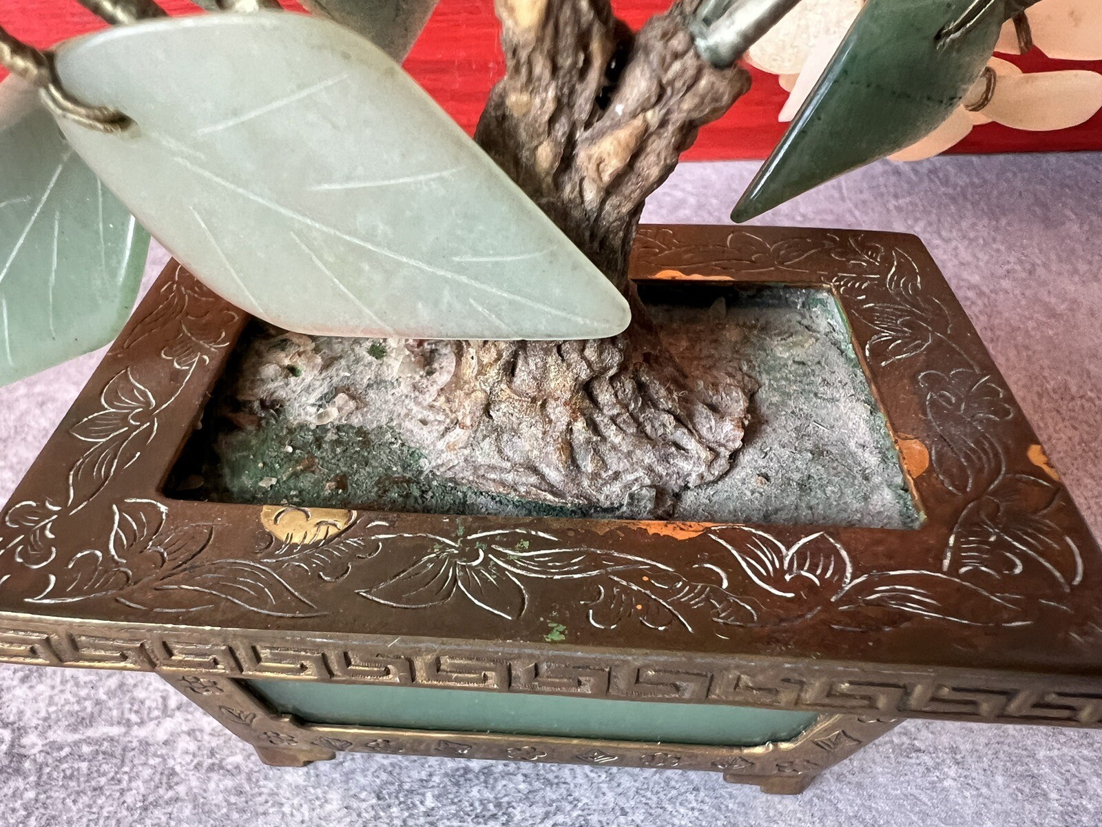 Vintage Chinese Jade Amethyst Carnelian Quartz Flowers Tree Brass Pot Marked