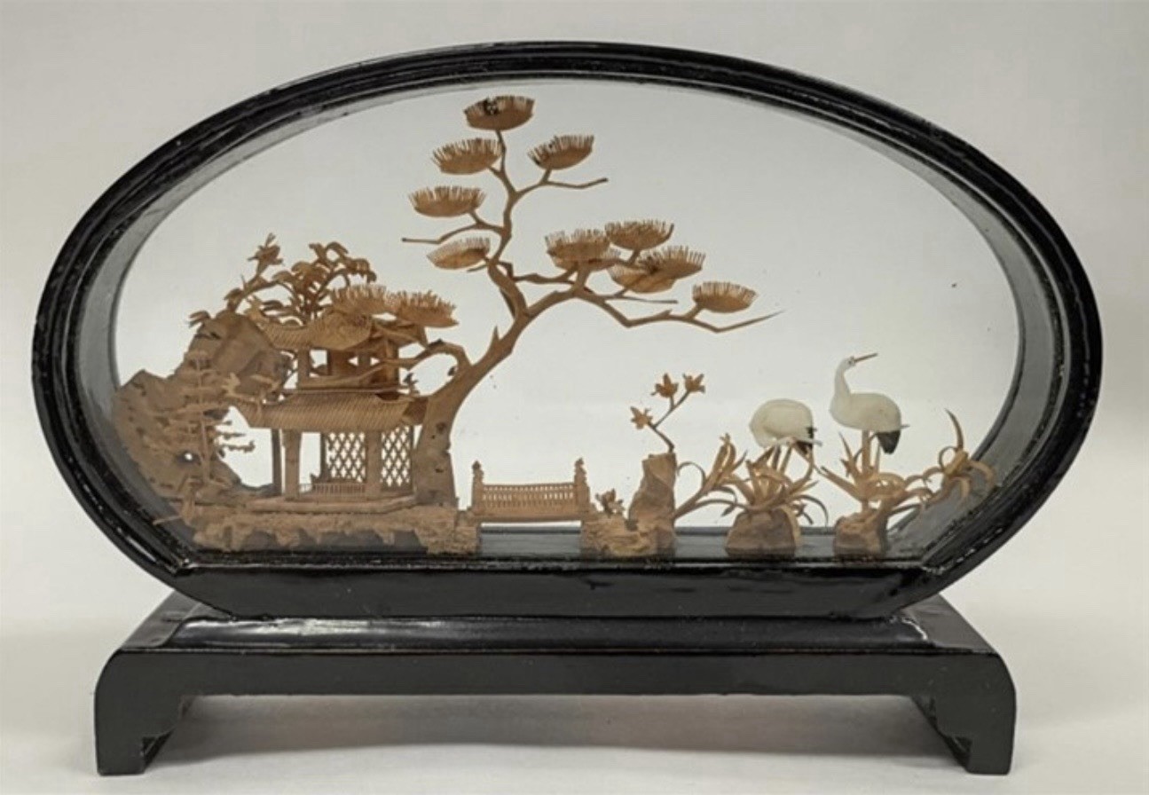 2 Vintage Chinese Hand Carved Cork Diorama in Black Lacquered Frame STUNNING