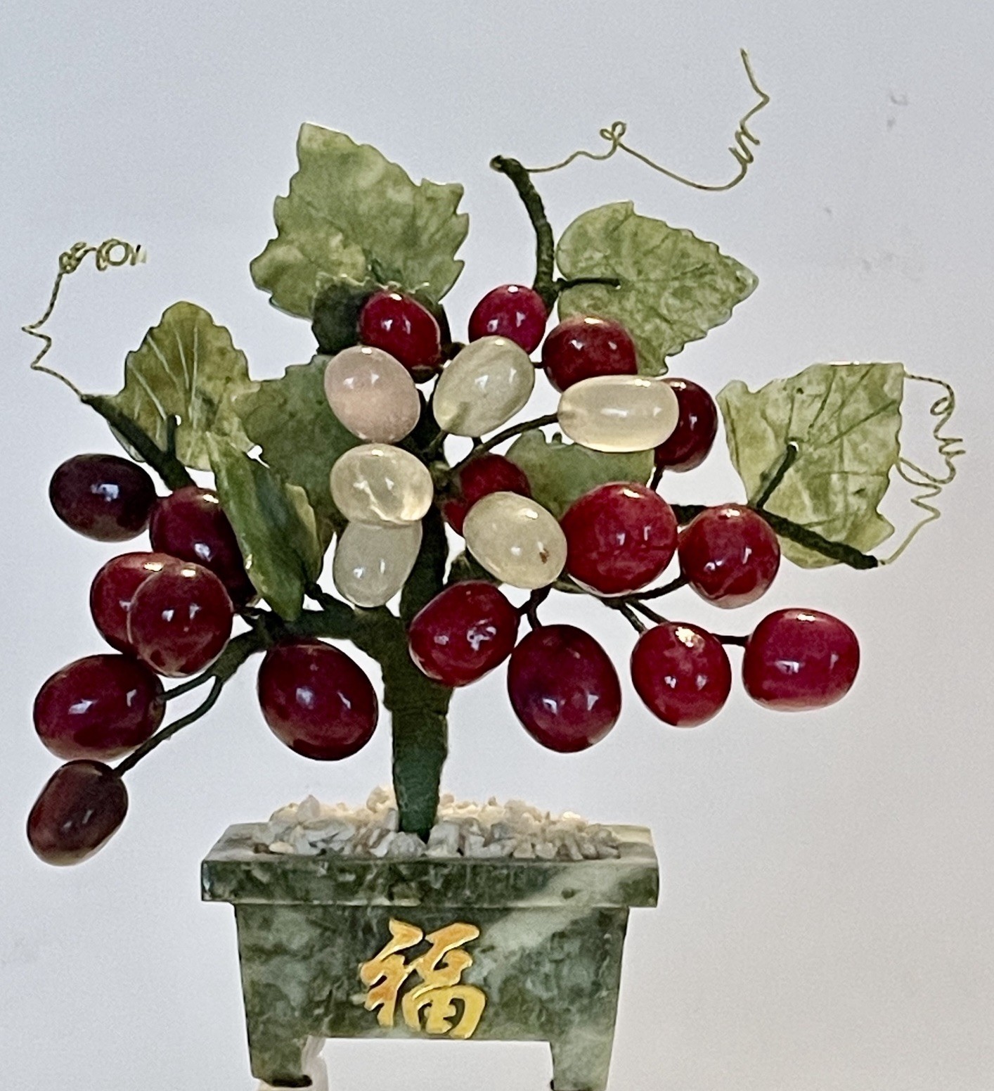 VINTAGE ORIENTAL JADE BONSAI GRAPEVINE TREE ART CARVED STONE MARBLE PLANTER